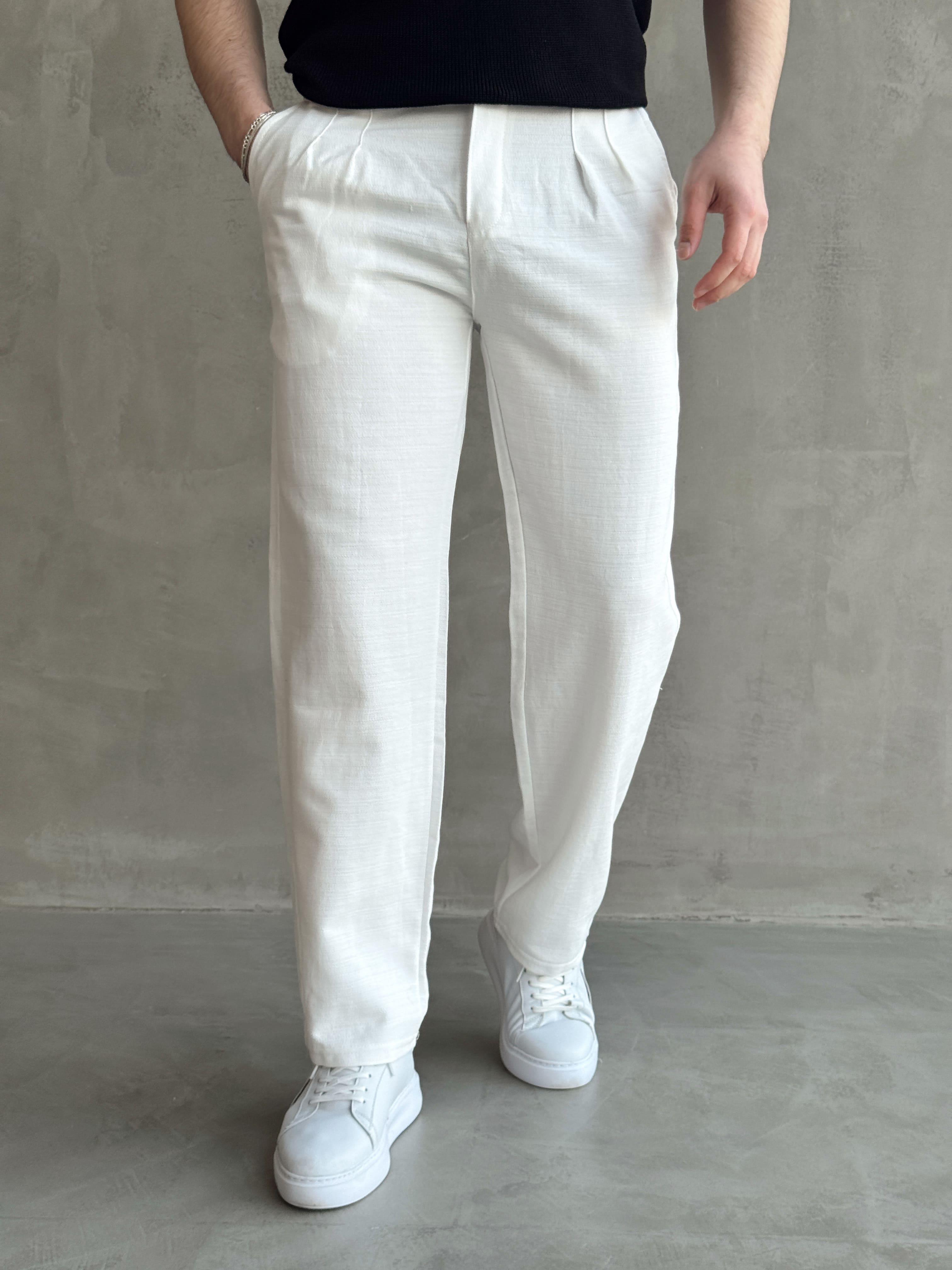 Erkek Yüksek Kalite Beli Lastik Detaylı Pileli Baggy Kalıp Keten Pantolon-Beyaz(E1617)
