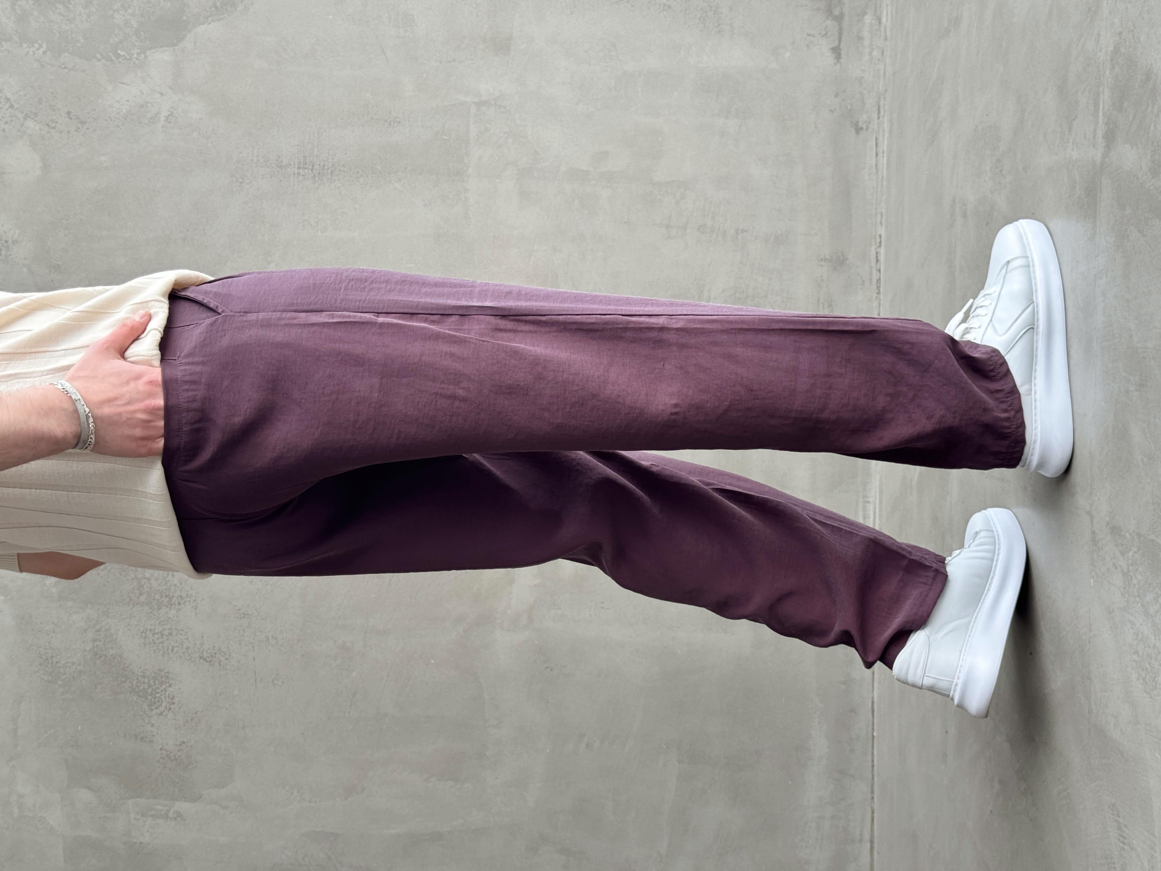 Erkek Yüksek Kalite Beli Lastik Düğme Detaylı Pileli Baggy Kalıp Modal Kumaş Pantolon-Bordo(E1619)