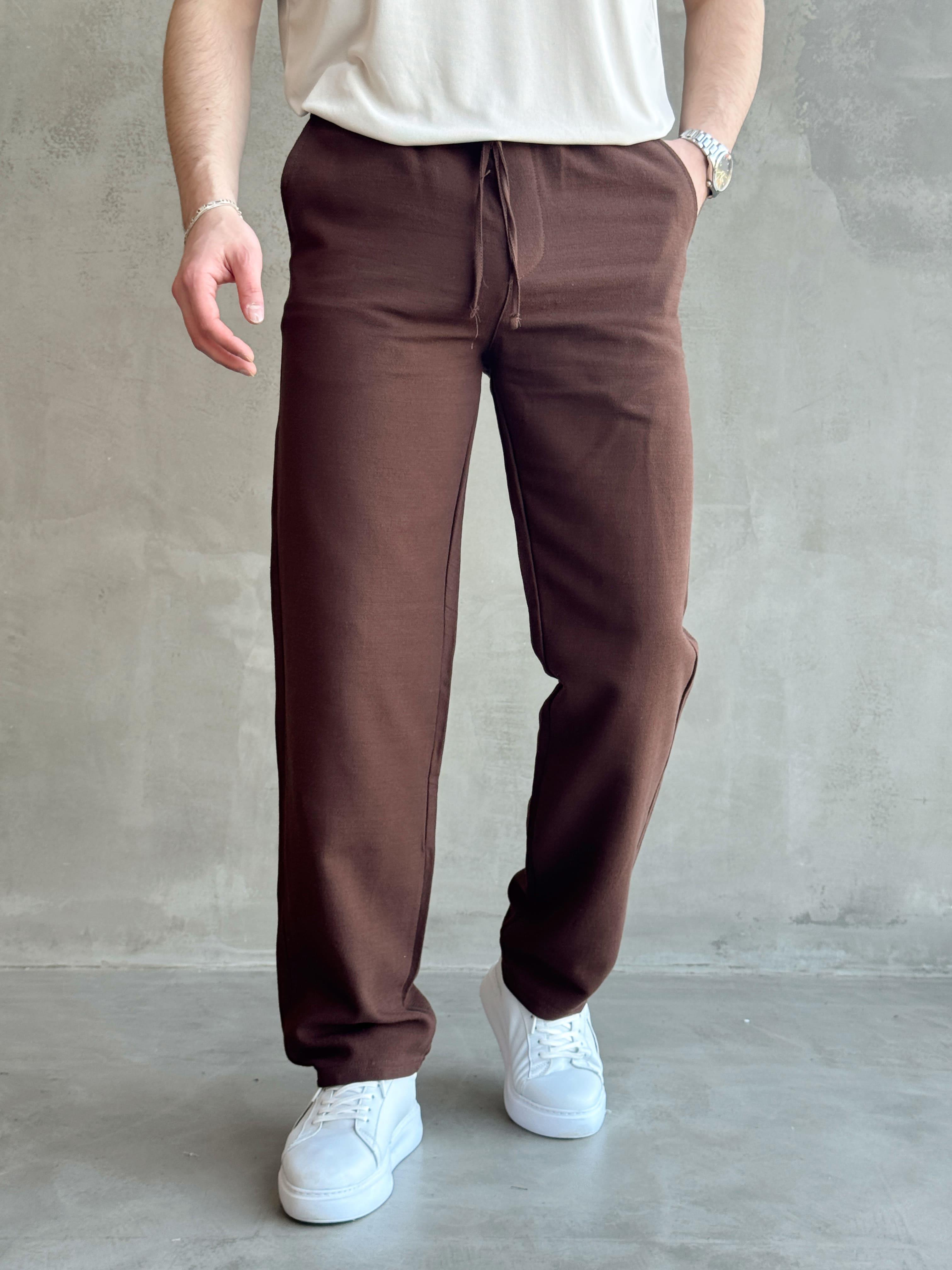 Erkek Yüksek Kalite Beli Lastikli Bağcık Detay Baggy Kalıp Keten Karışımlı Pantolon-Kahverengi(E1621)Ketench