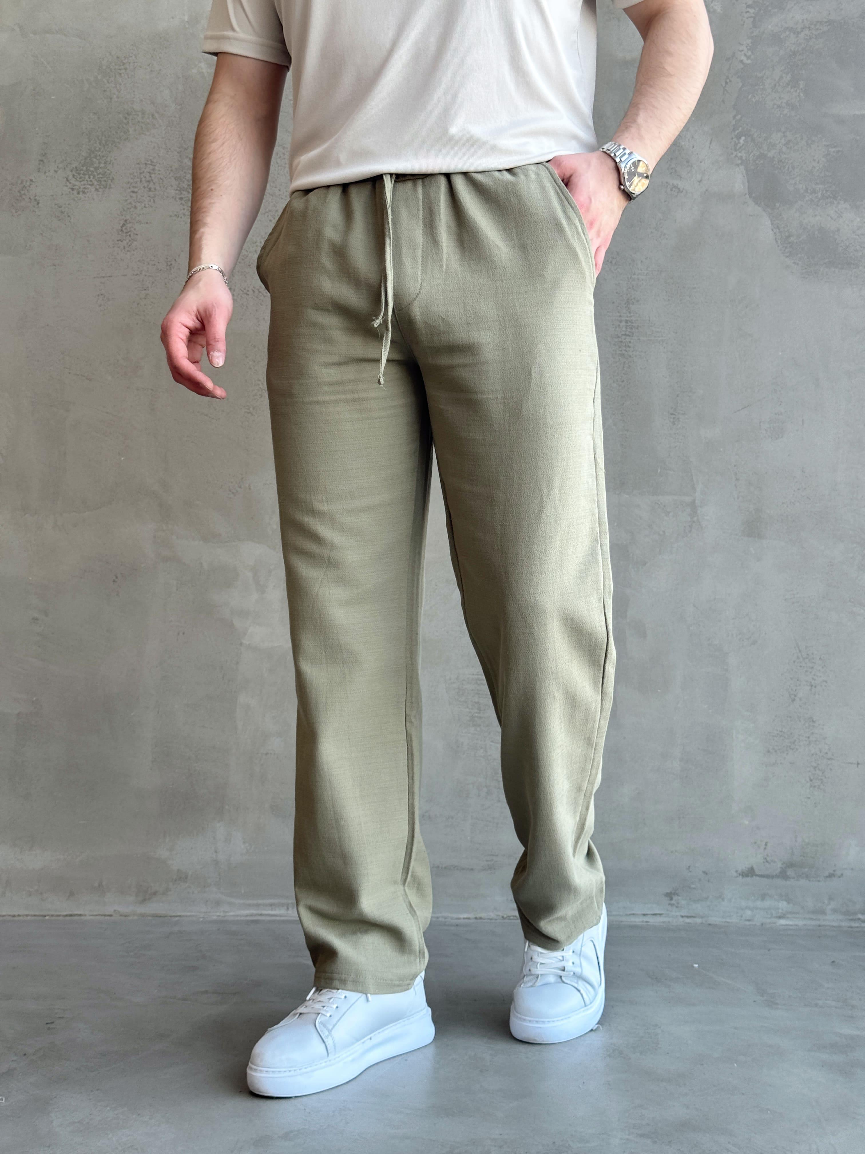 Erkek Yüksek Kalite Beli Lastikli Bağcık Detay Baggy Kalıp Keten Karışımlı Pantolon-Haki(E1621)