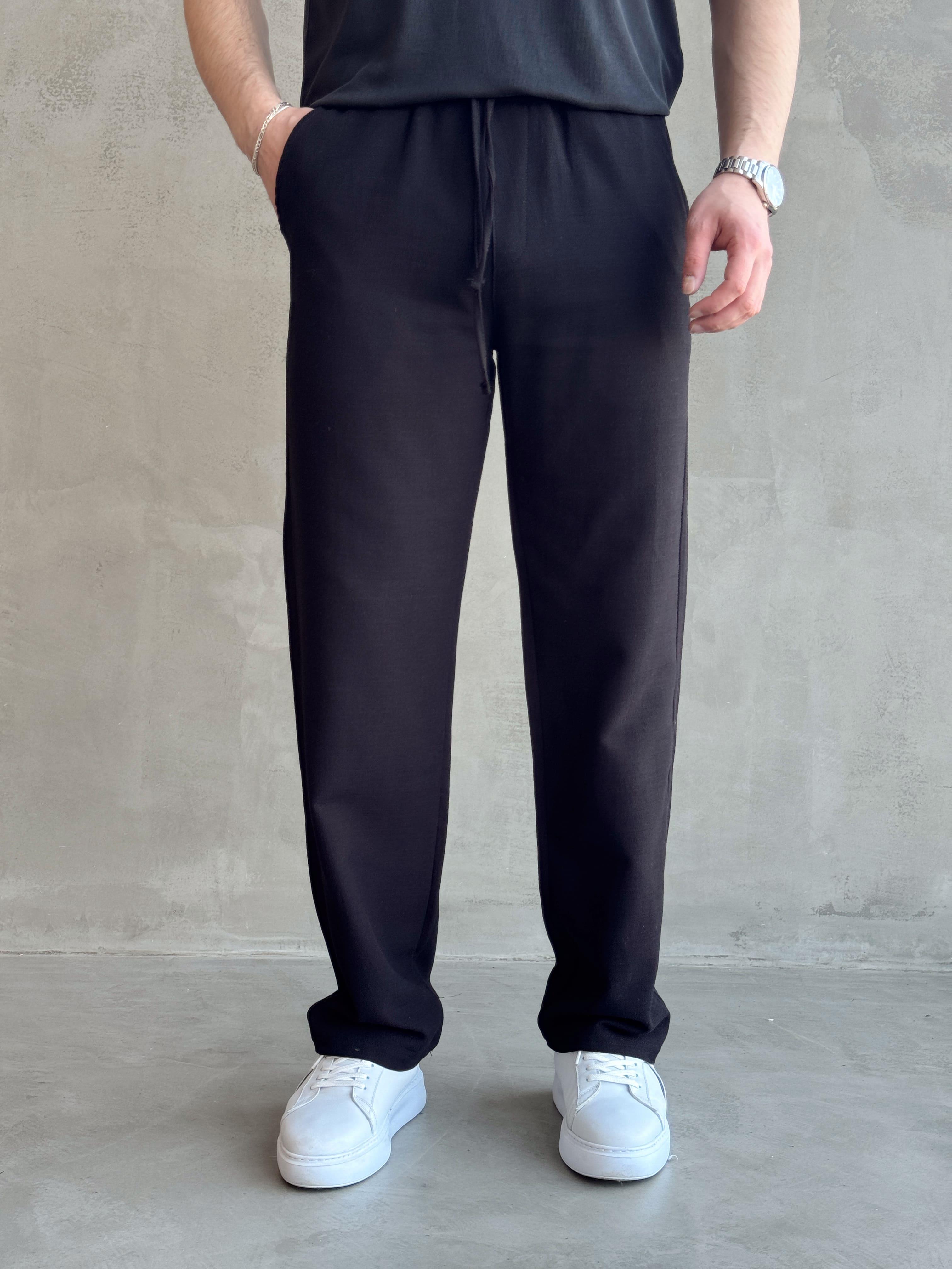 Erkek Yüksek Kalite Beli Lastikli Bağcık Detay Baggy Kalıp Keten Karışımlı Pantolon-Siyah(E1621)Ketench