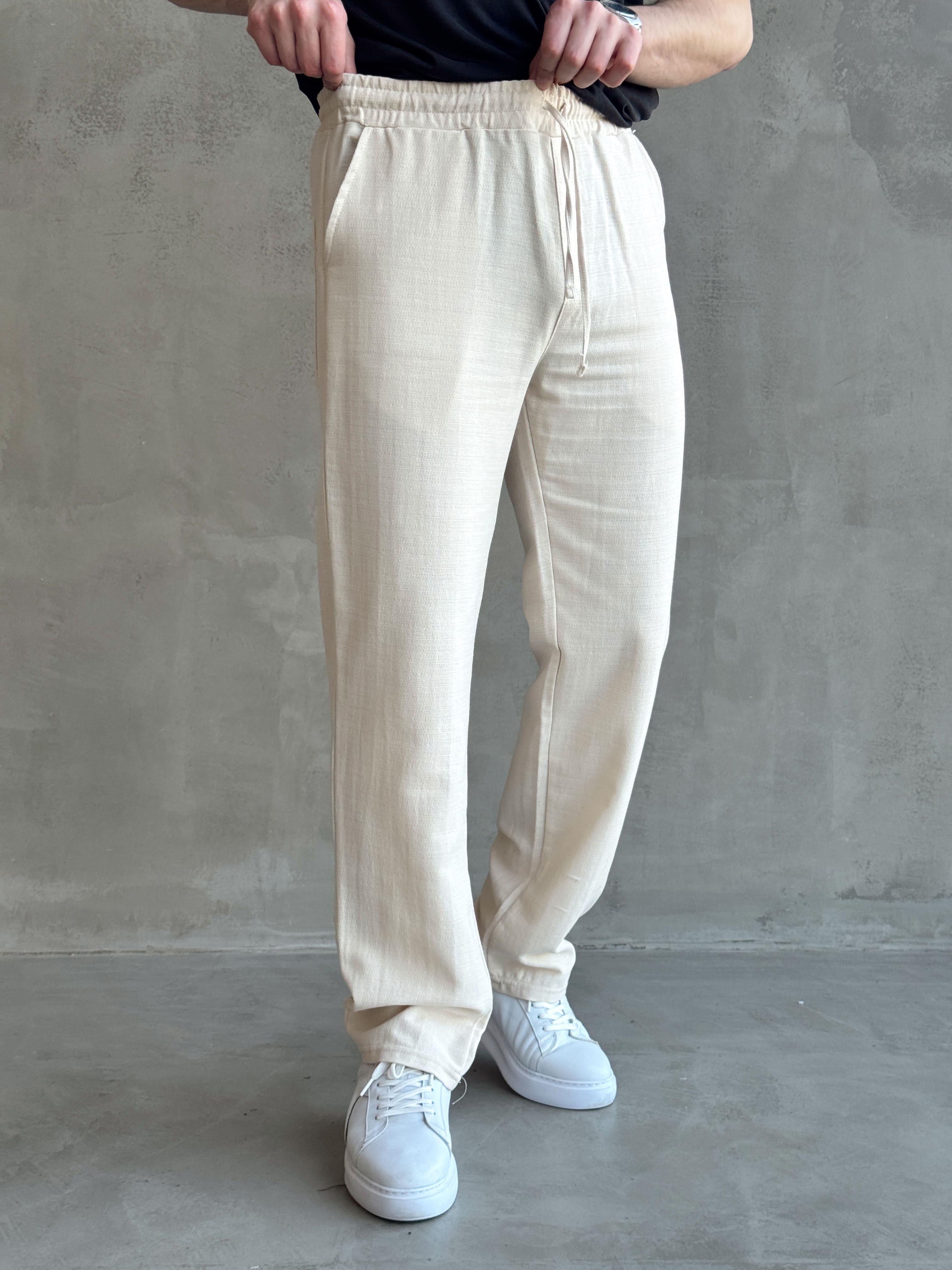 Erkek Yüksek Kalite Beli Lastikli Bağcık Detay Baggy Kalıp Keten Karışımlı Pantolon-Bej(E1621)
