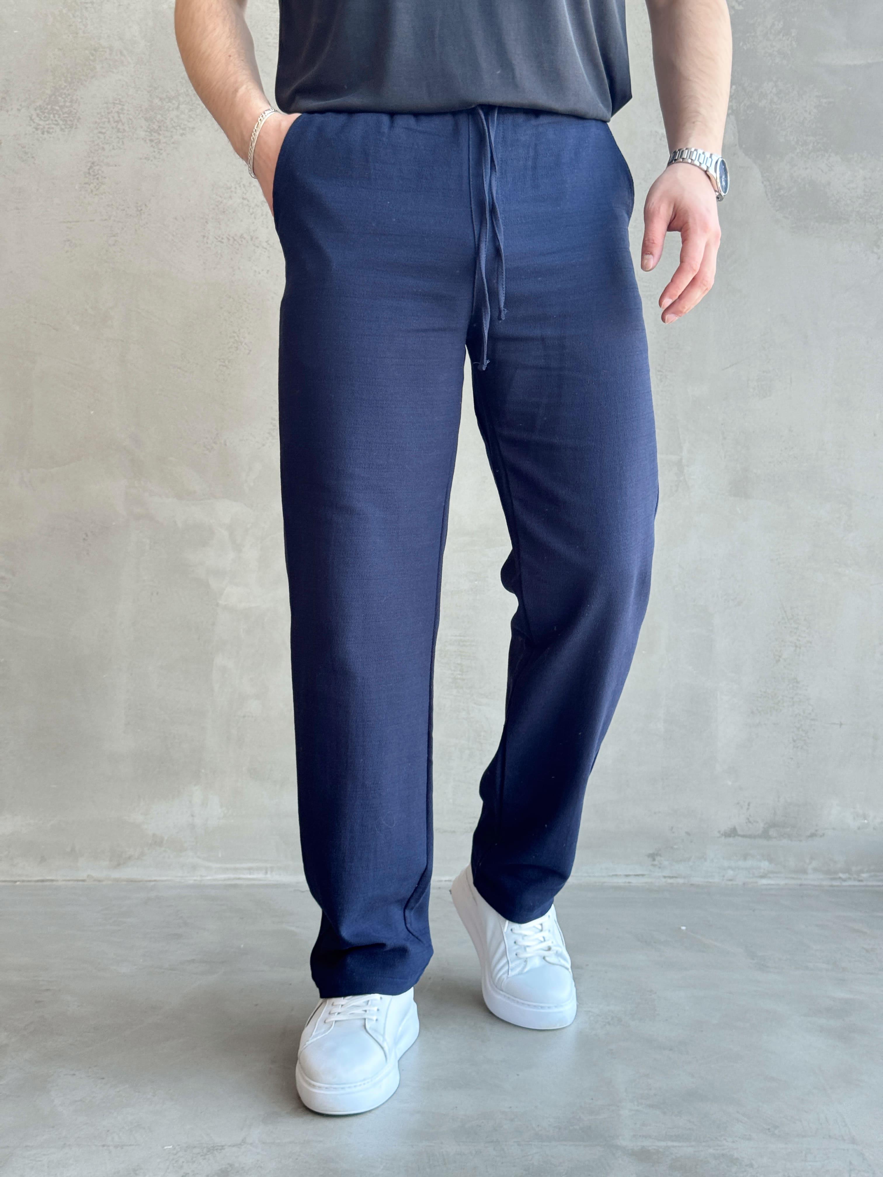 Erkek Yüksek Kalite Beli Lastikli Bağcık Detay Baggy Kalıp Keten Karışımlı Pantolon-Lacivert(E1621)Ketench