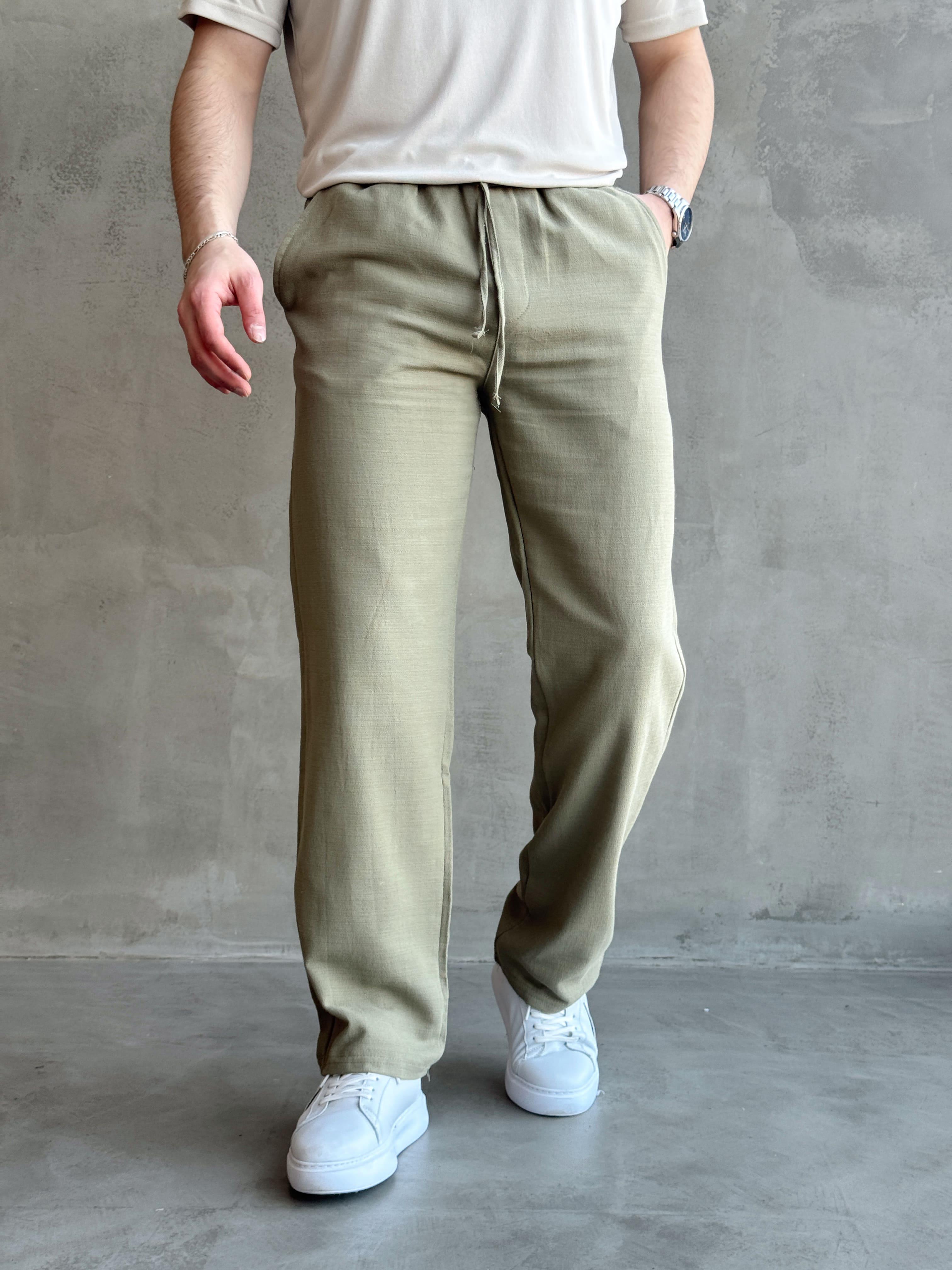 Erkek Yüksek Kalite Beli Lastikli Bağcık Detay Baggy Kalıp Keten Karışımlı Pantolon-Haki(E1621)