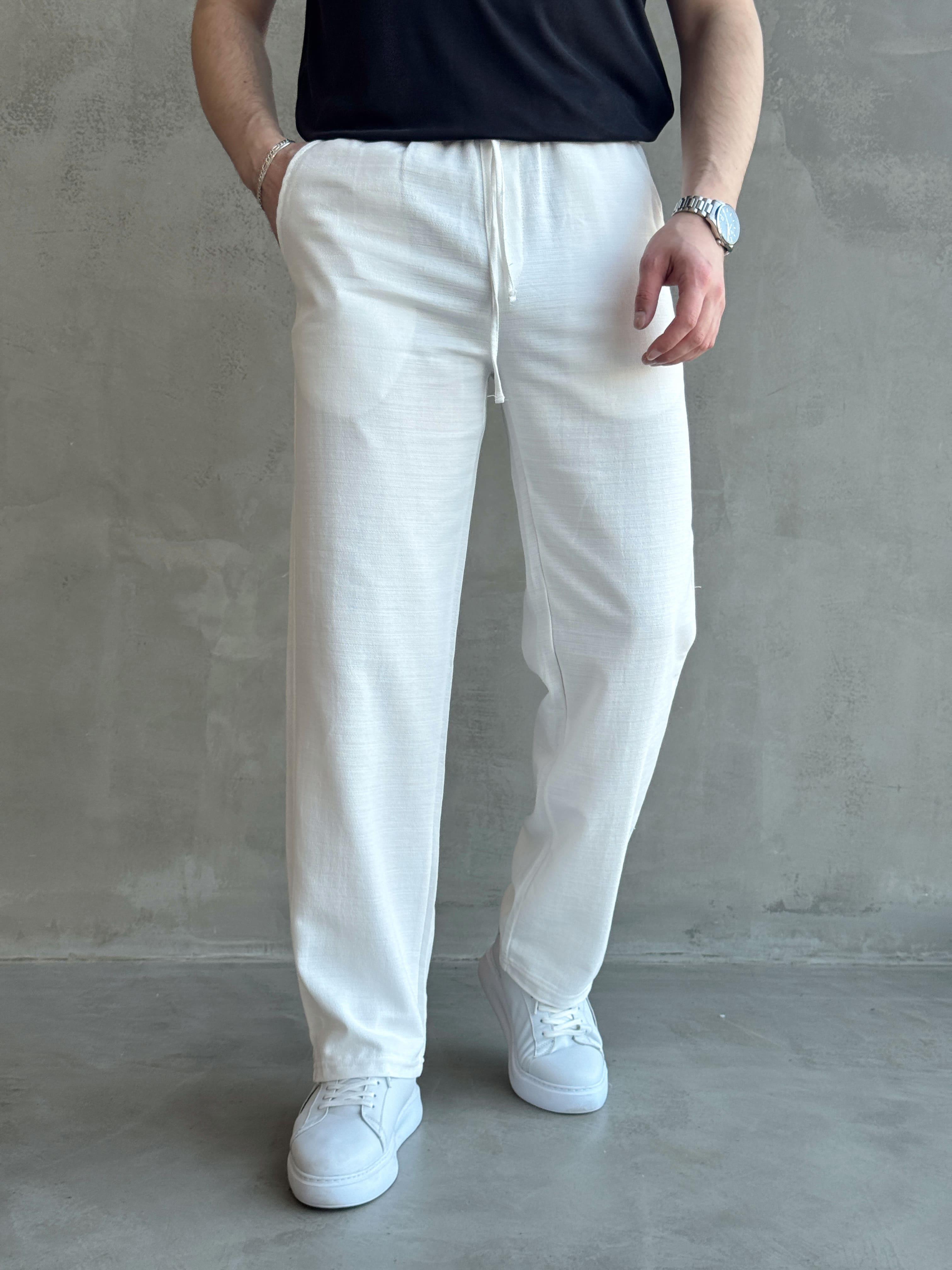 Erkek Yüksek Kalite Beli Lastikli Bağcık Detay Baggy Kalıp Keten Karışımlı Pantolon-Beyaz(E1621)Ketench