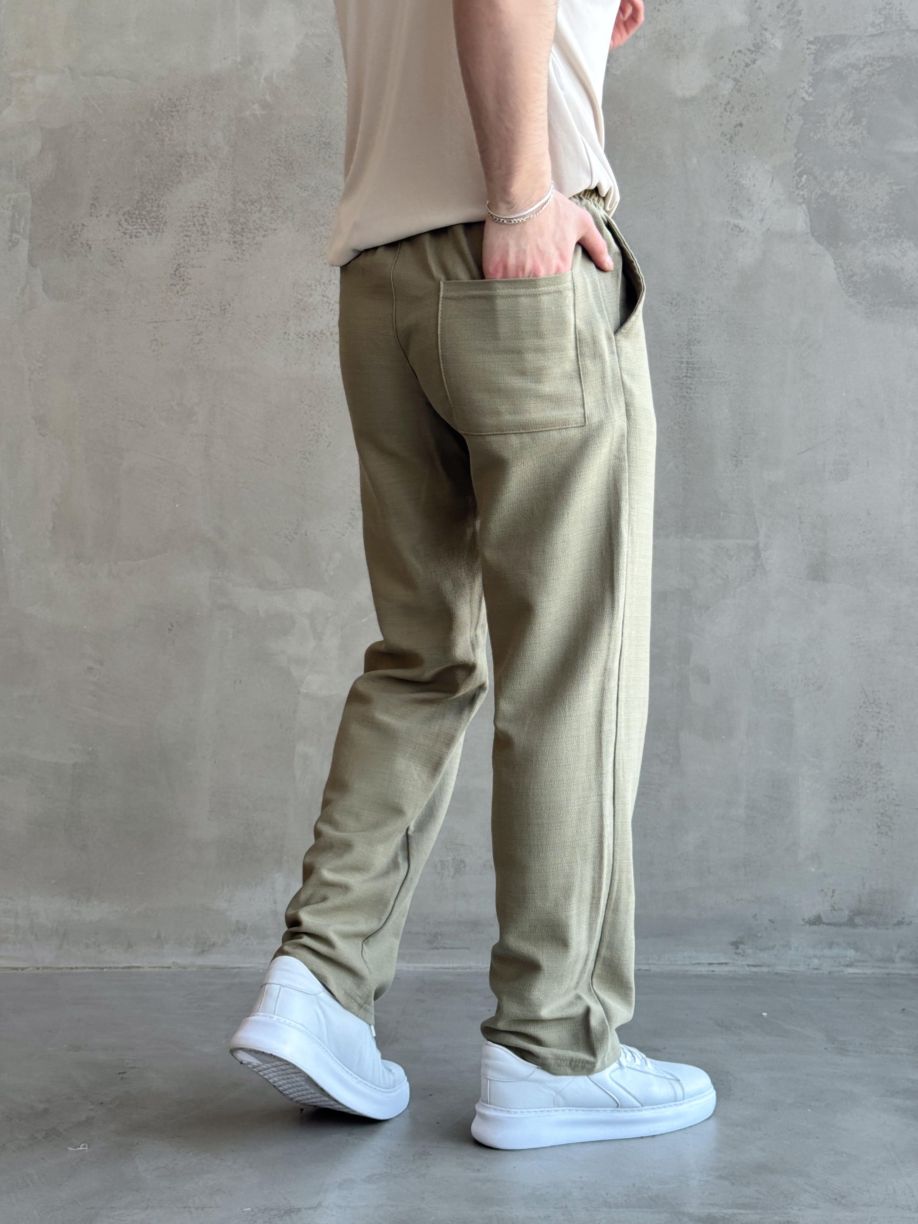 Erkek Yüksek Kalite Beli Lastikli Bağcık Detay Baggy Kalıp Keten Karışımlı Pantolon-Haki(E1621)