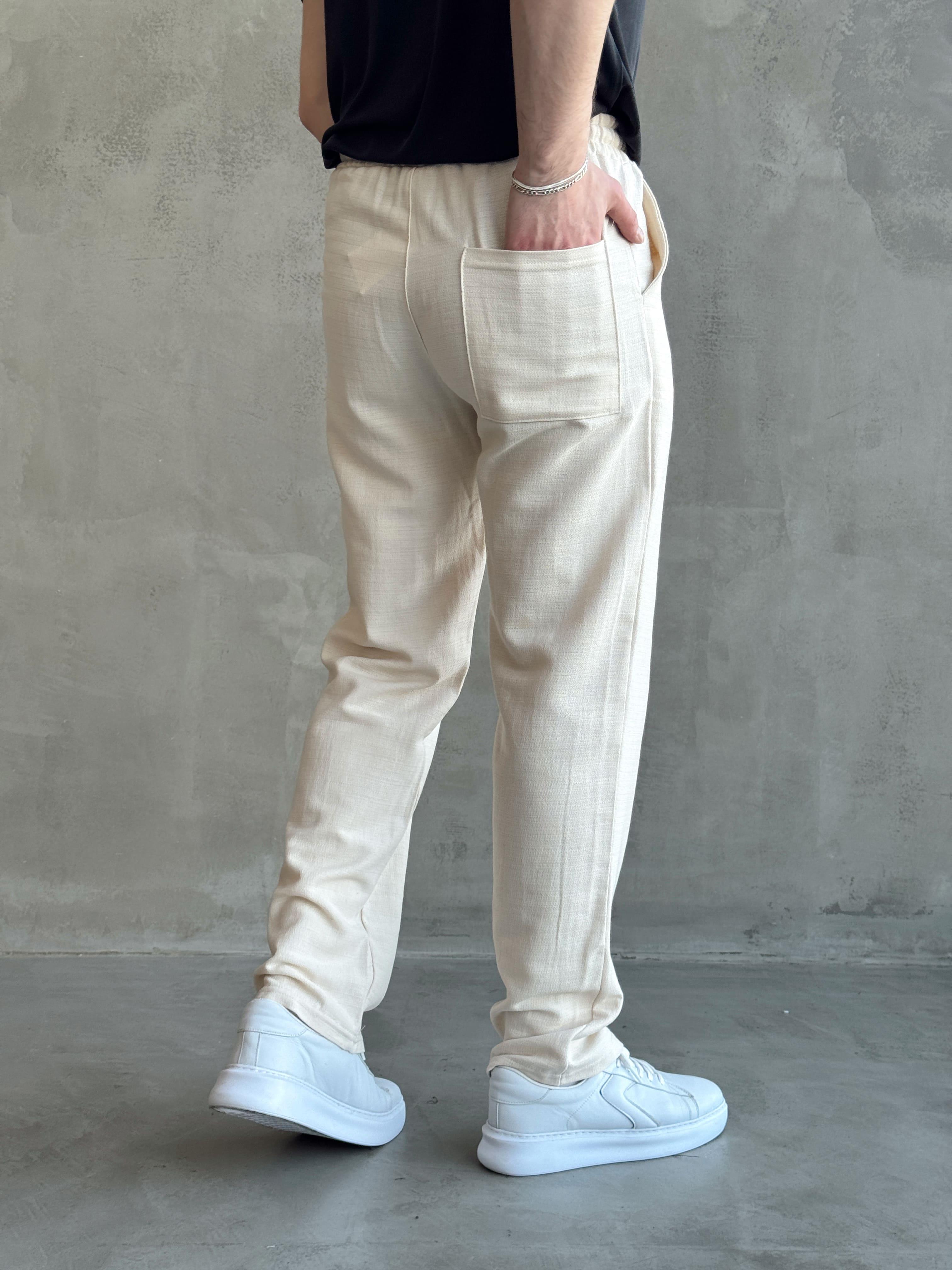 Erkek Yüksek Kalite Beli Lastikli Bağcık Detay Baggy Kalıp Keten Karışımlı Pantolon-Bej(E1621)
