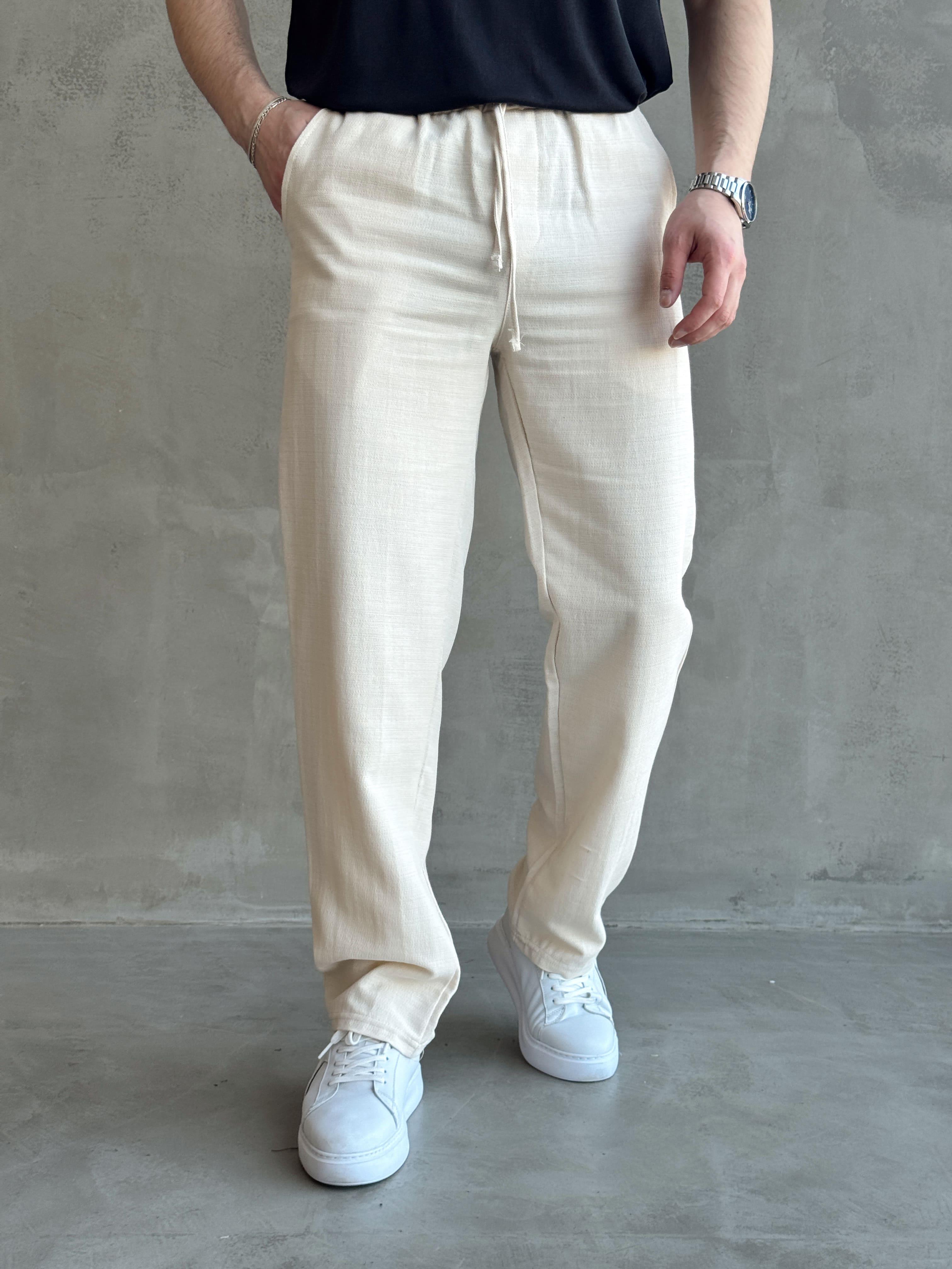 Erkek Yüksek Kalite Beli Lastikli Bağcık Detay Baggy Kalıp Keten Karışımlı Pantolon-Bej(E1621)