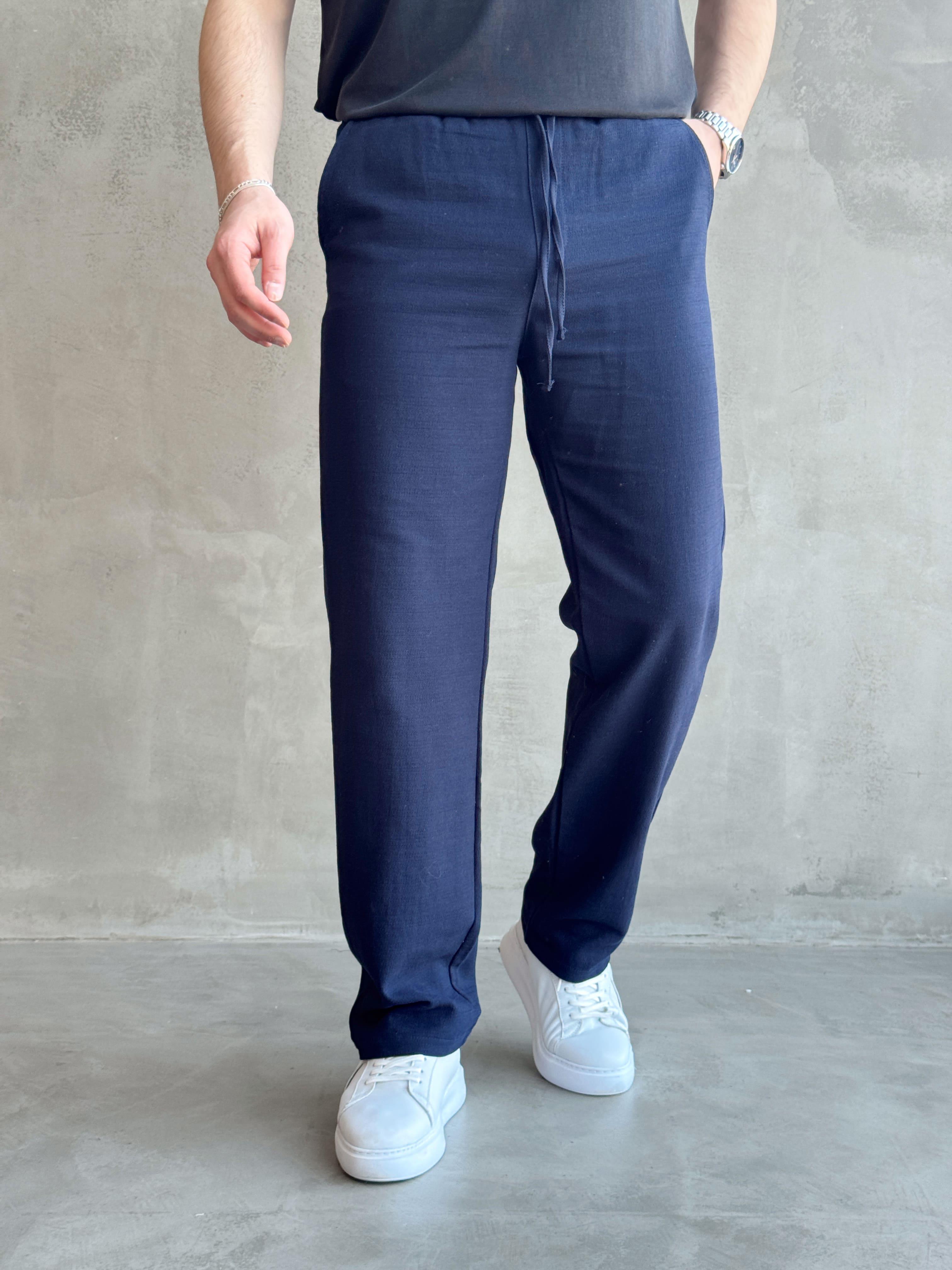 Erkek Yüksek Kalite Beli Lastikli Bağcık Detay Baggy Kalıp Keten Karışımlı Pantolon-Lacivert(E1621)
