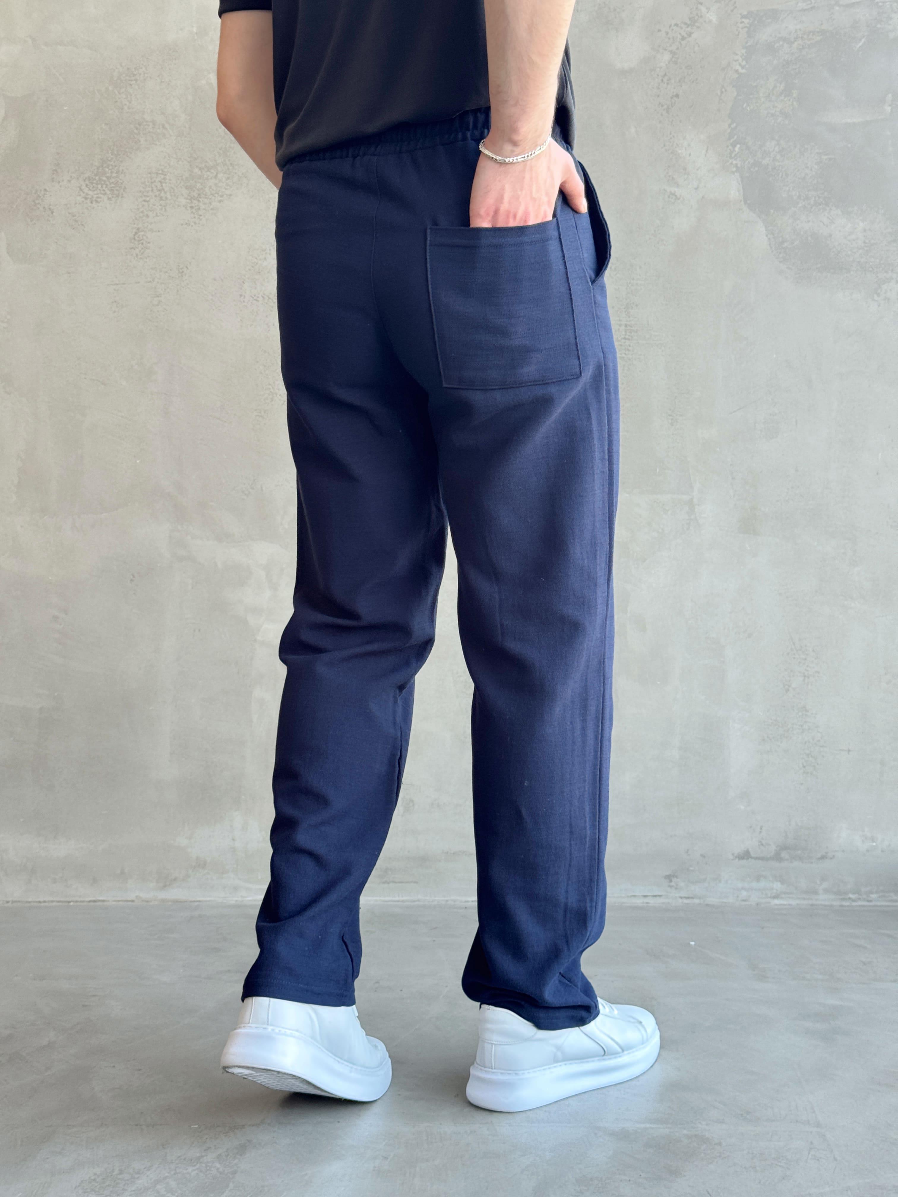 Erkek Yüksek Kalite Beli Lastikli Bağcık Detay Baggy Kalıp Keten Karışımlı Pantolon-Lacivert(E1621)