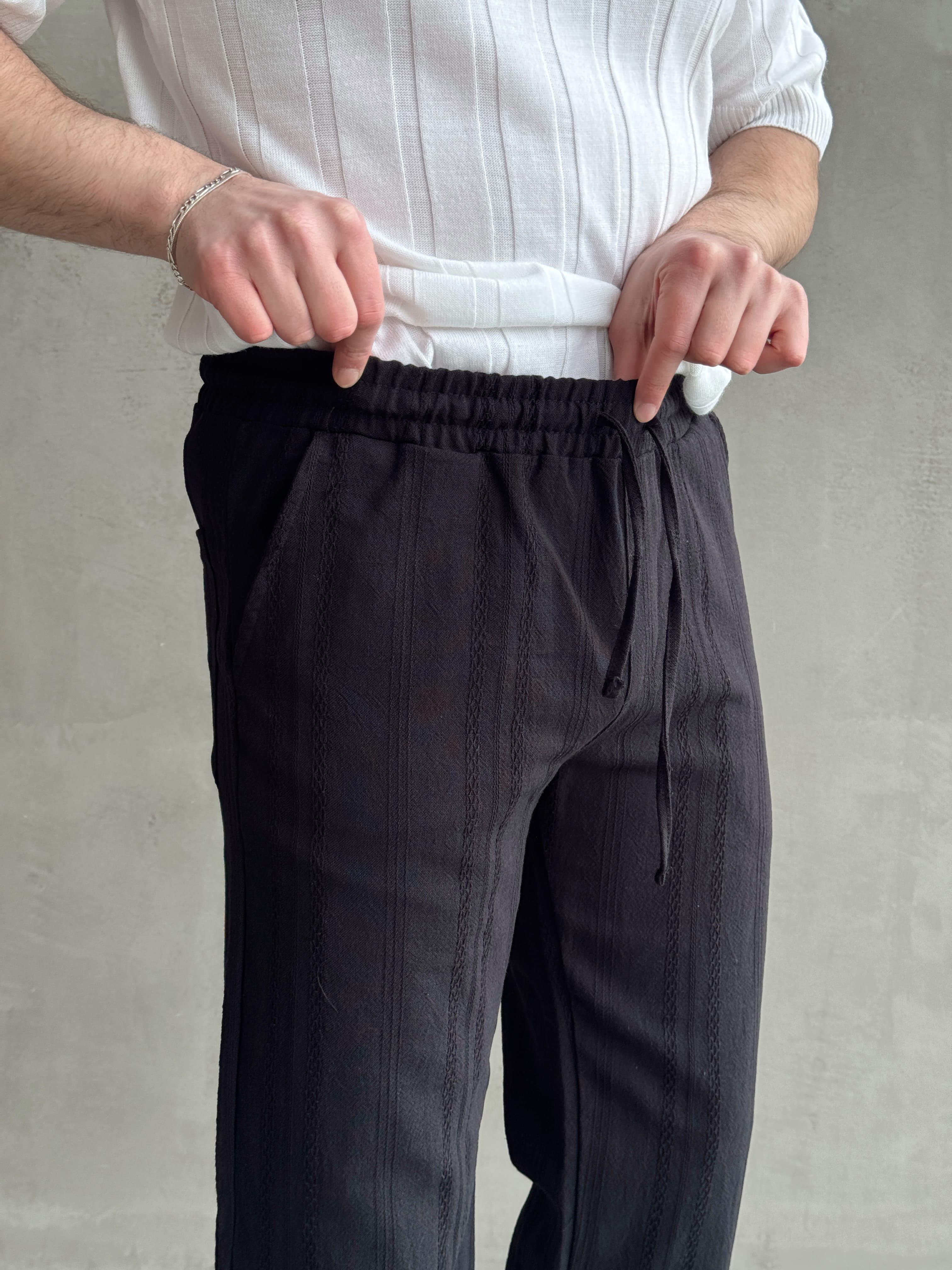 Erkek Yüksek Kalite Beli Lastikli Baggy Kalıp Halat Desenli Keten Pantolon-Siyah(E1623)