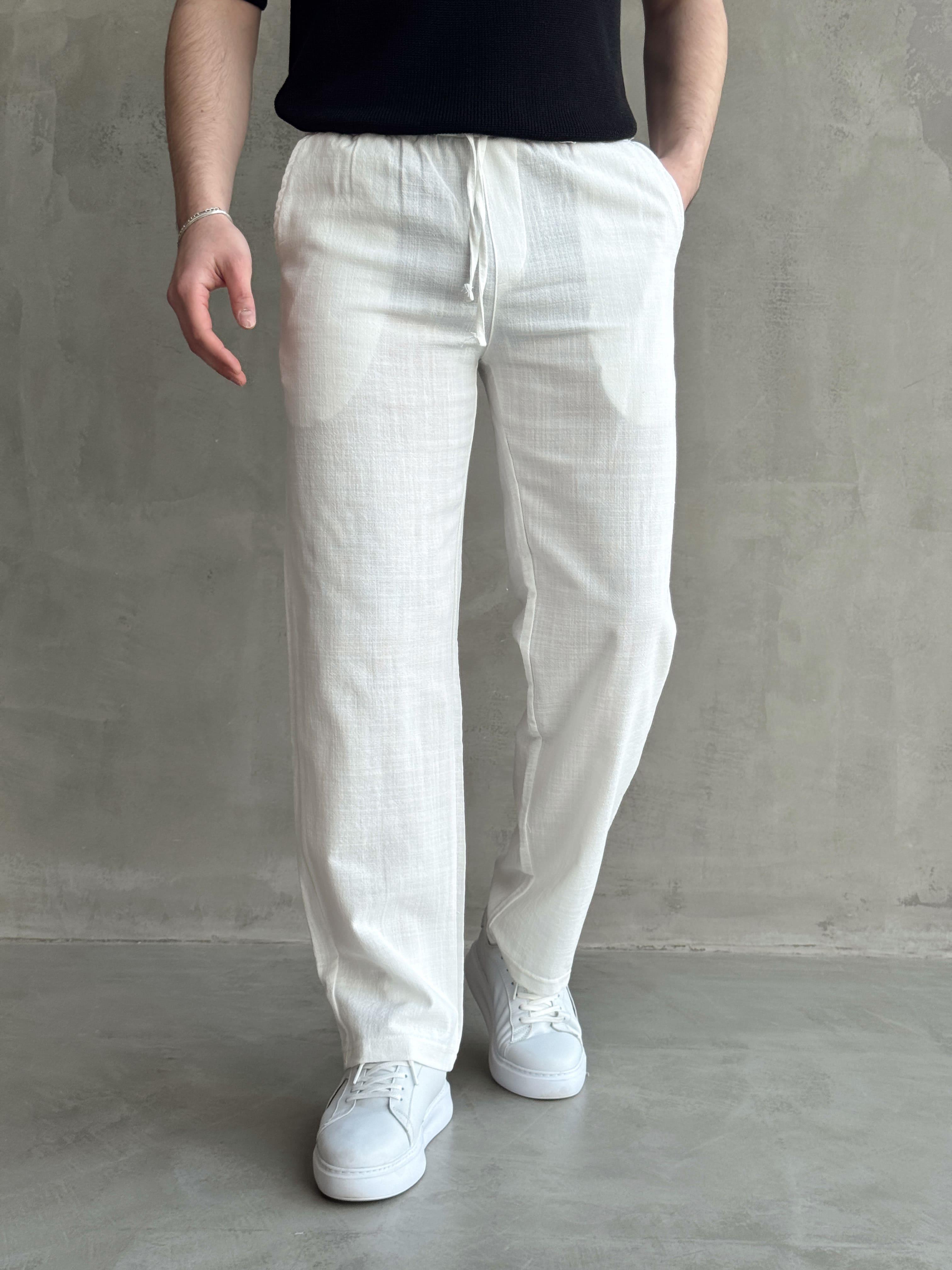 Erkek Yüksek Kalite Beli Lastikli Baggy Kalıp Flamlı Keten Pantolon-Beyaz(E1616)