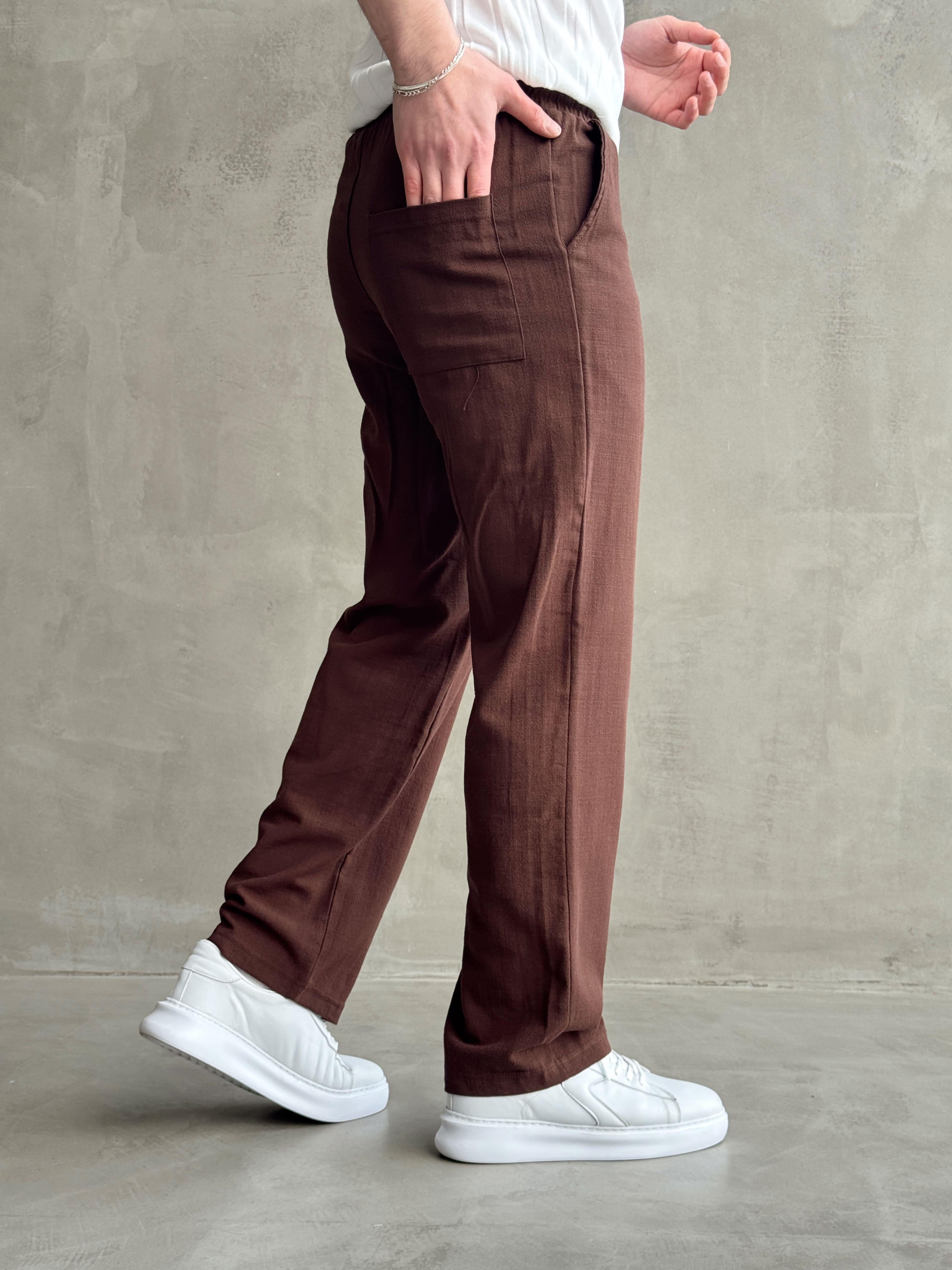 Erkek Yüksek Kalite Beli Lastikli Baggy Kalıp Flamlı Keten Pantolon-Kahverengi(E1616)