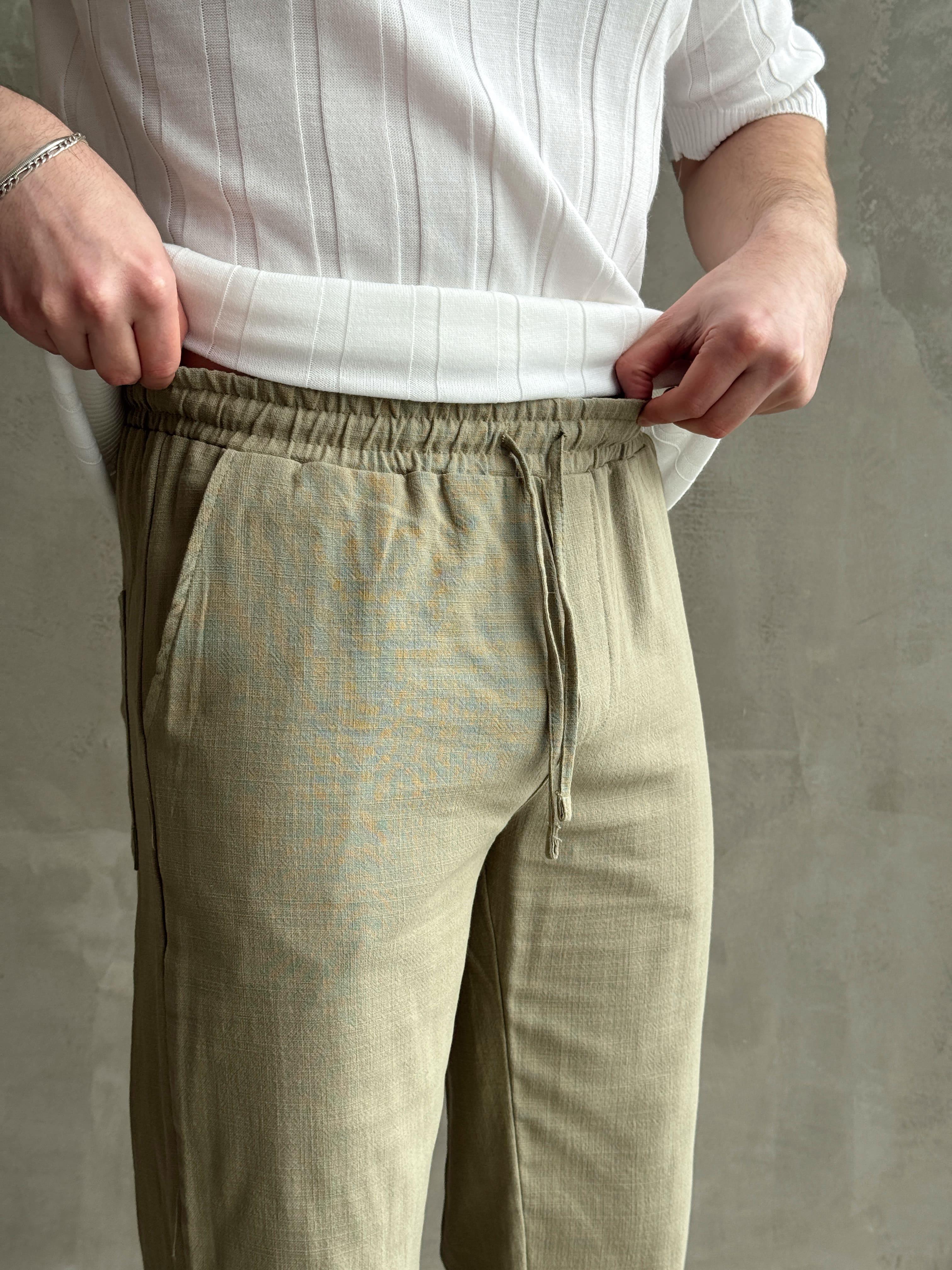 Erkek Yüksek Kalite Beli Lastikli Baggy Kalıp Flamlı Keten Pantolon-Haki(E1616)