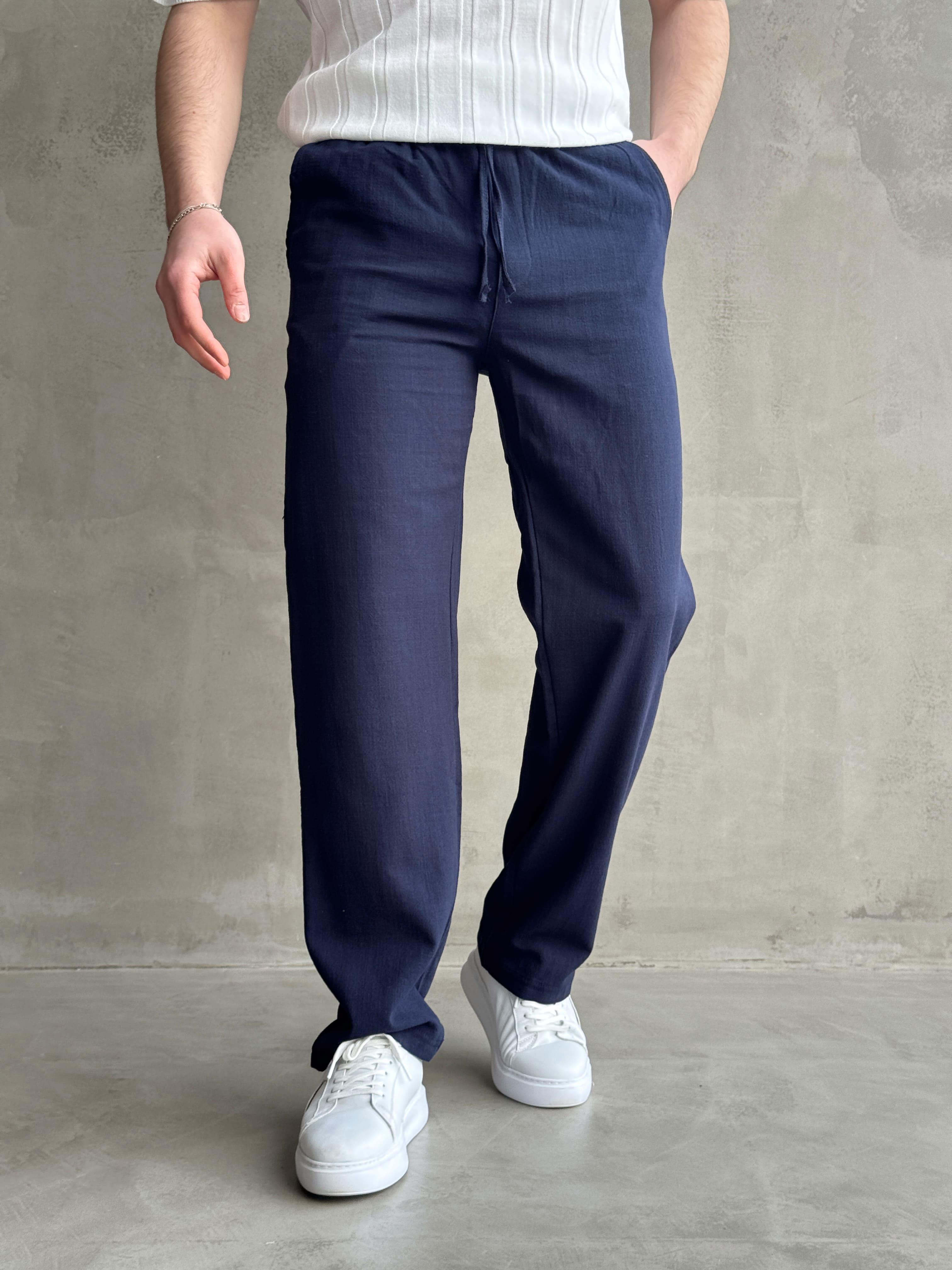 Erkek Yüksek Kalite Beli Lastikli Baggy Kalıp Flamlı Keten Pantolon-Lacivert(E1616)