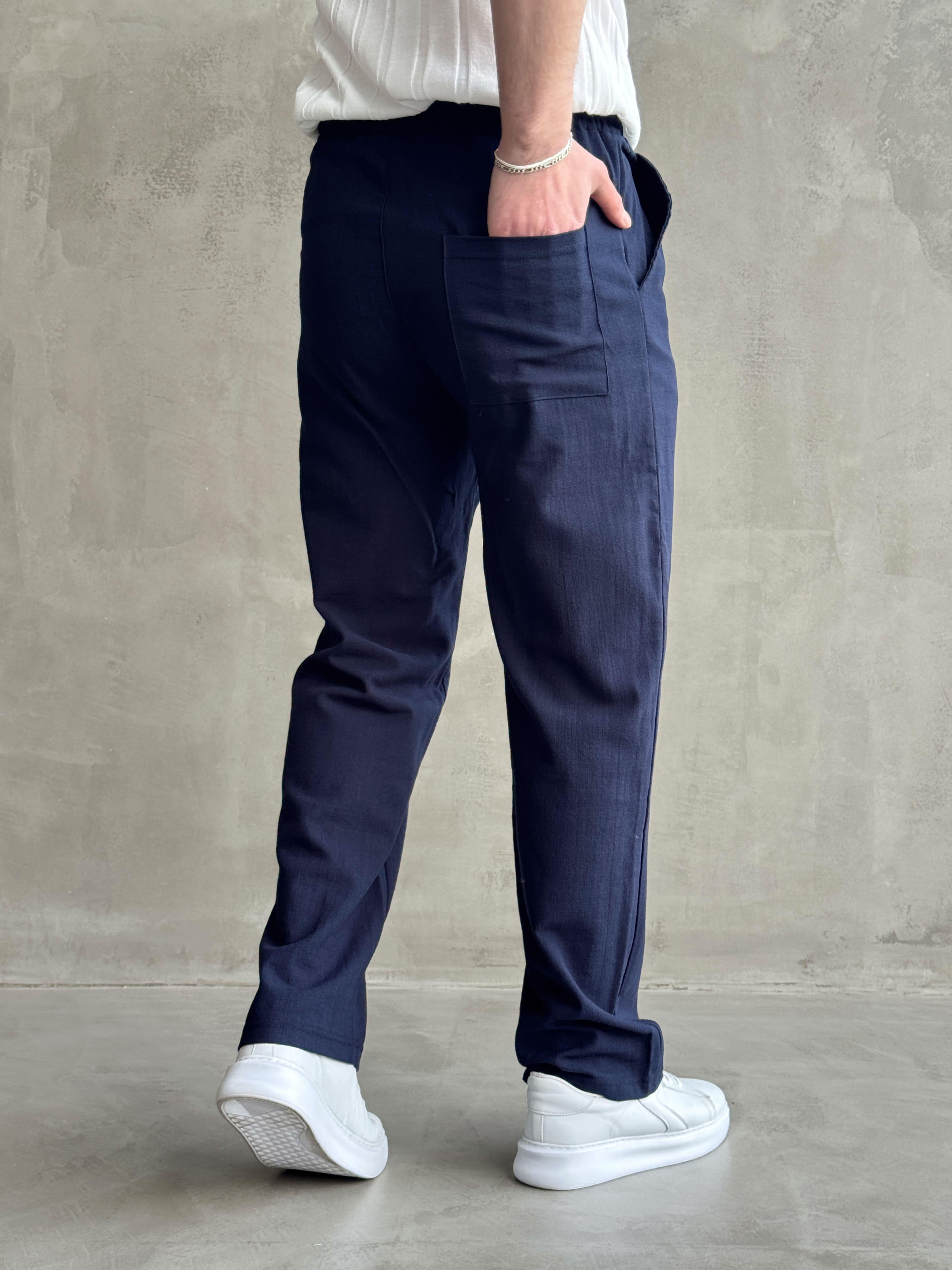 Erkek Yüksek Kalite Beli Lastikli Baggy Kalıp Flamlı Keten Pantolon-Lacivert(E1616)