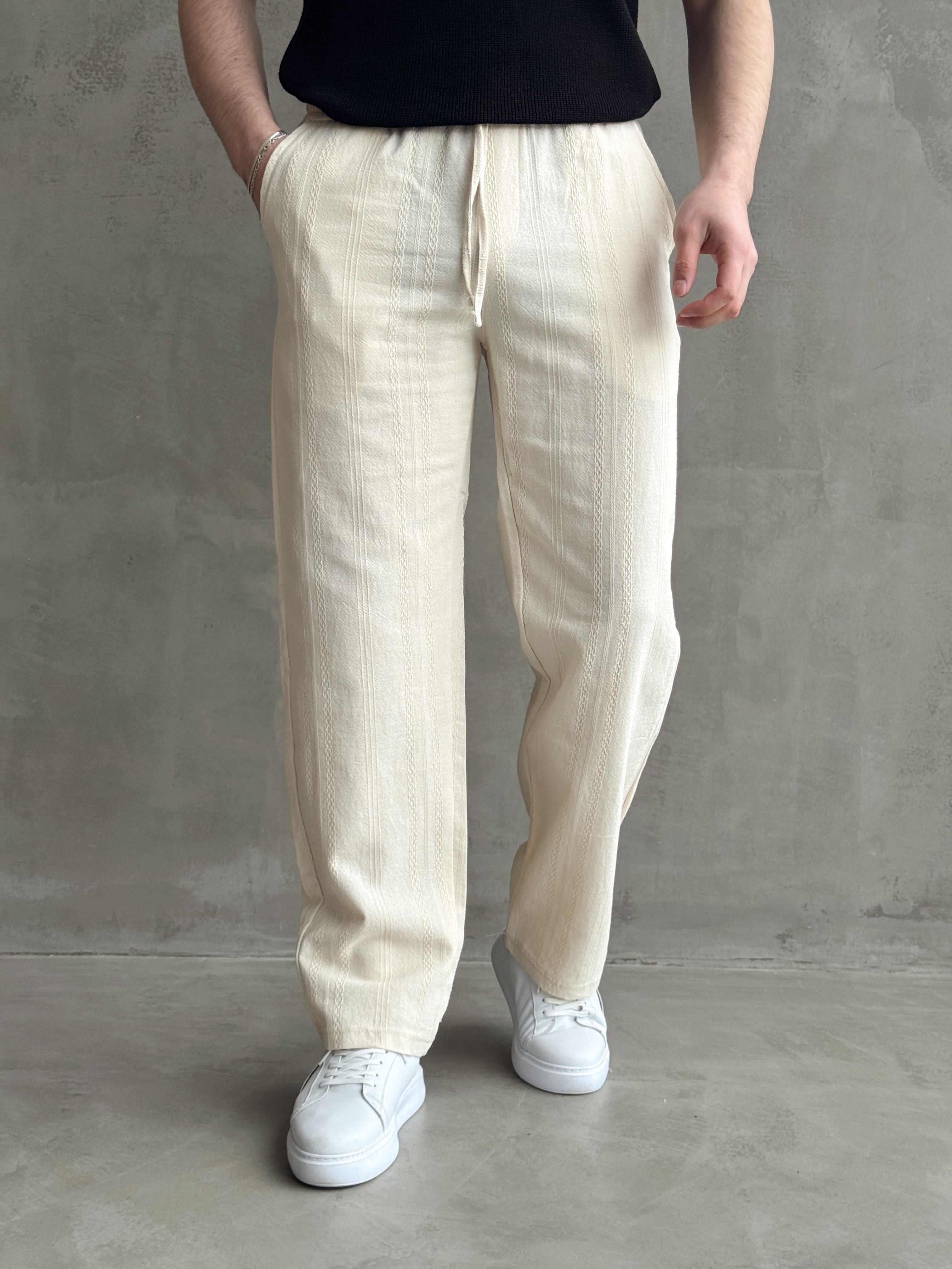 Erkek Yüksek Kalite Beli Lastikli Baggy Kalıp Halat Desenli Keten Pantolon-Bej(E1623)