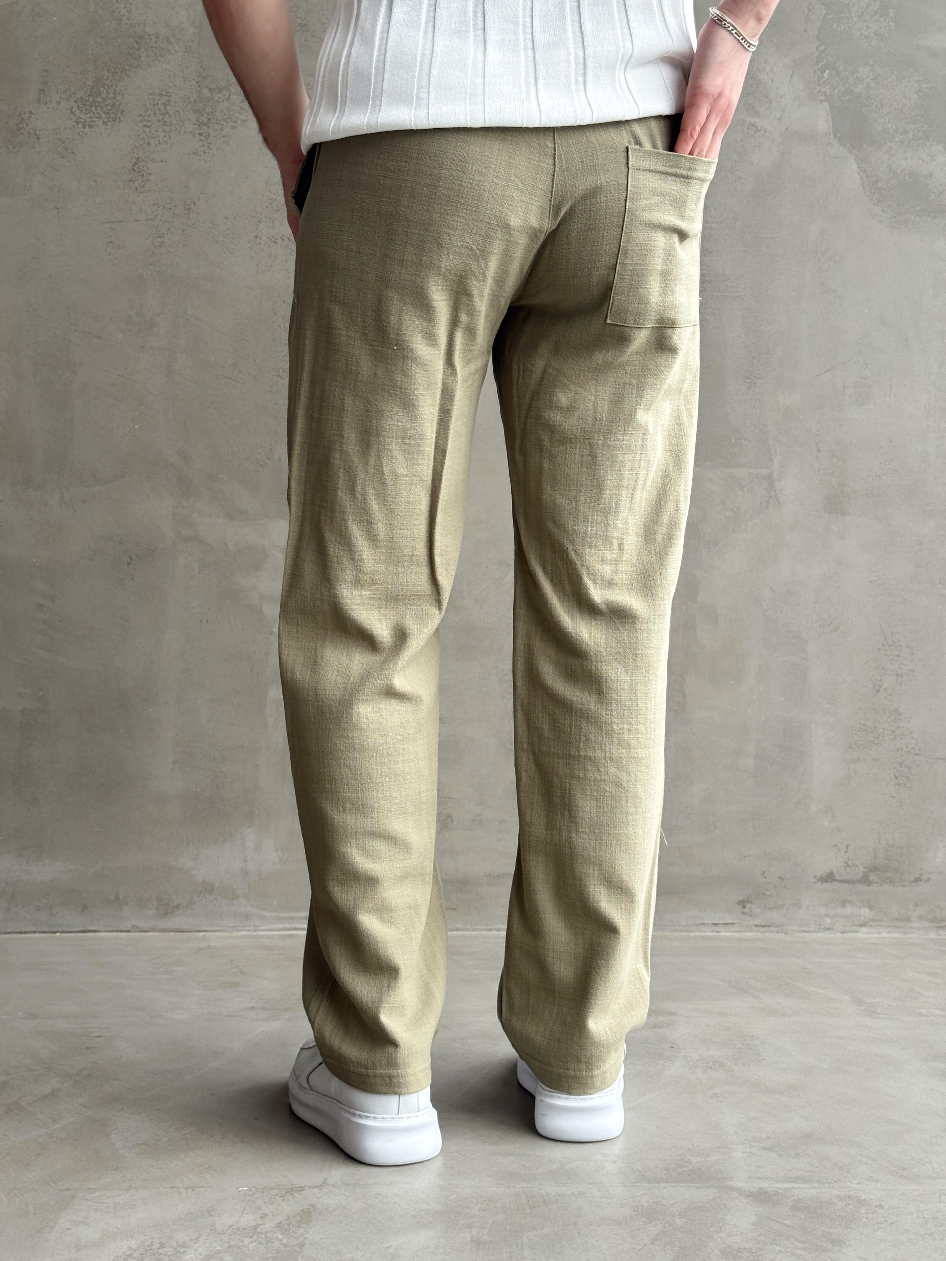 Erkek Yüksek Kalite Beli Lastikli Baggy Kalıp Flamlı Keten Pantolon-Haki(E1616)