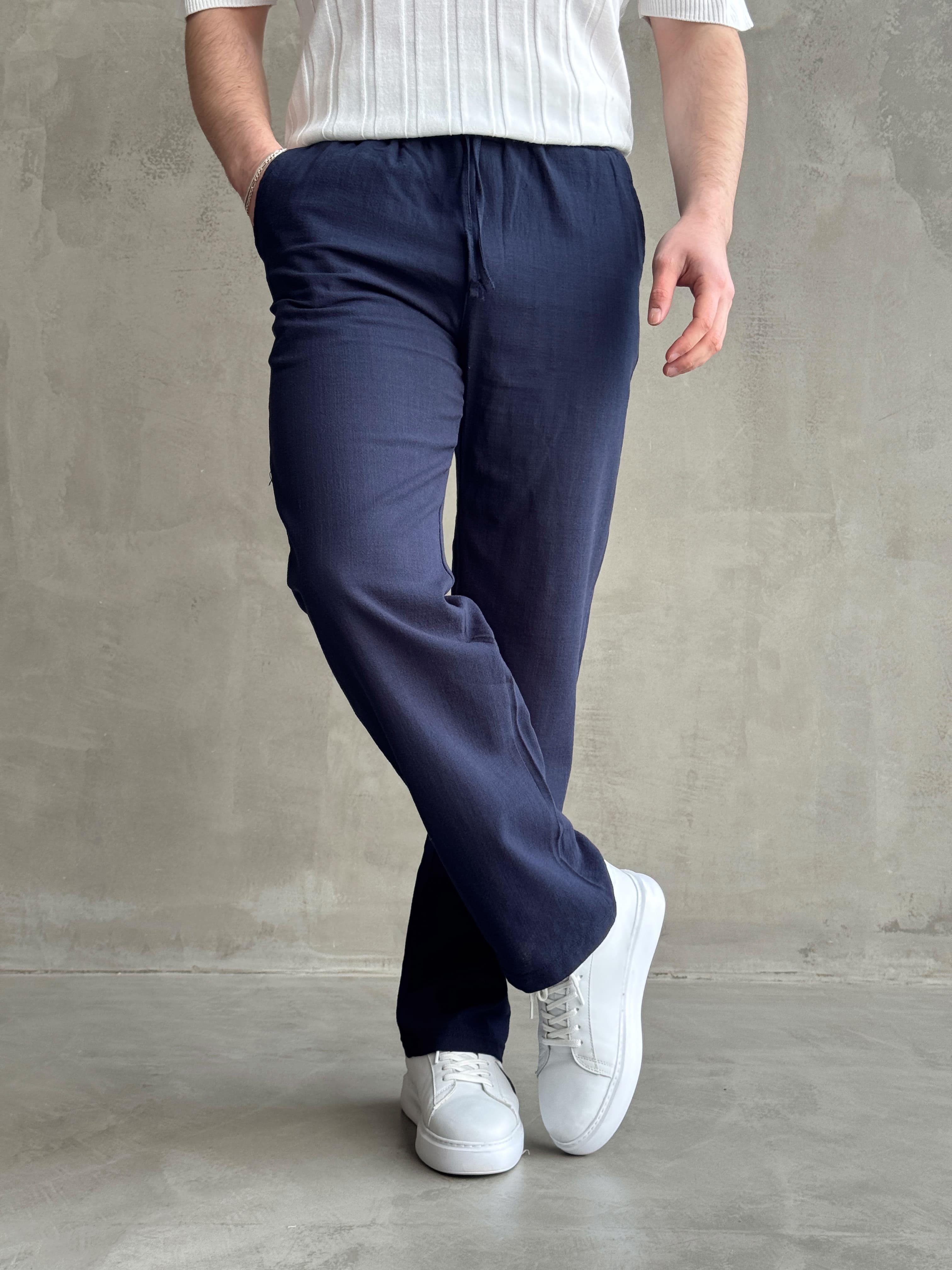 Erkek Yüksek Kalite Beli Lastikli Baggy Kalıp Flamlı Keten Pantolon-Lacivert(E1616)