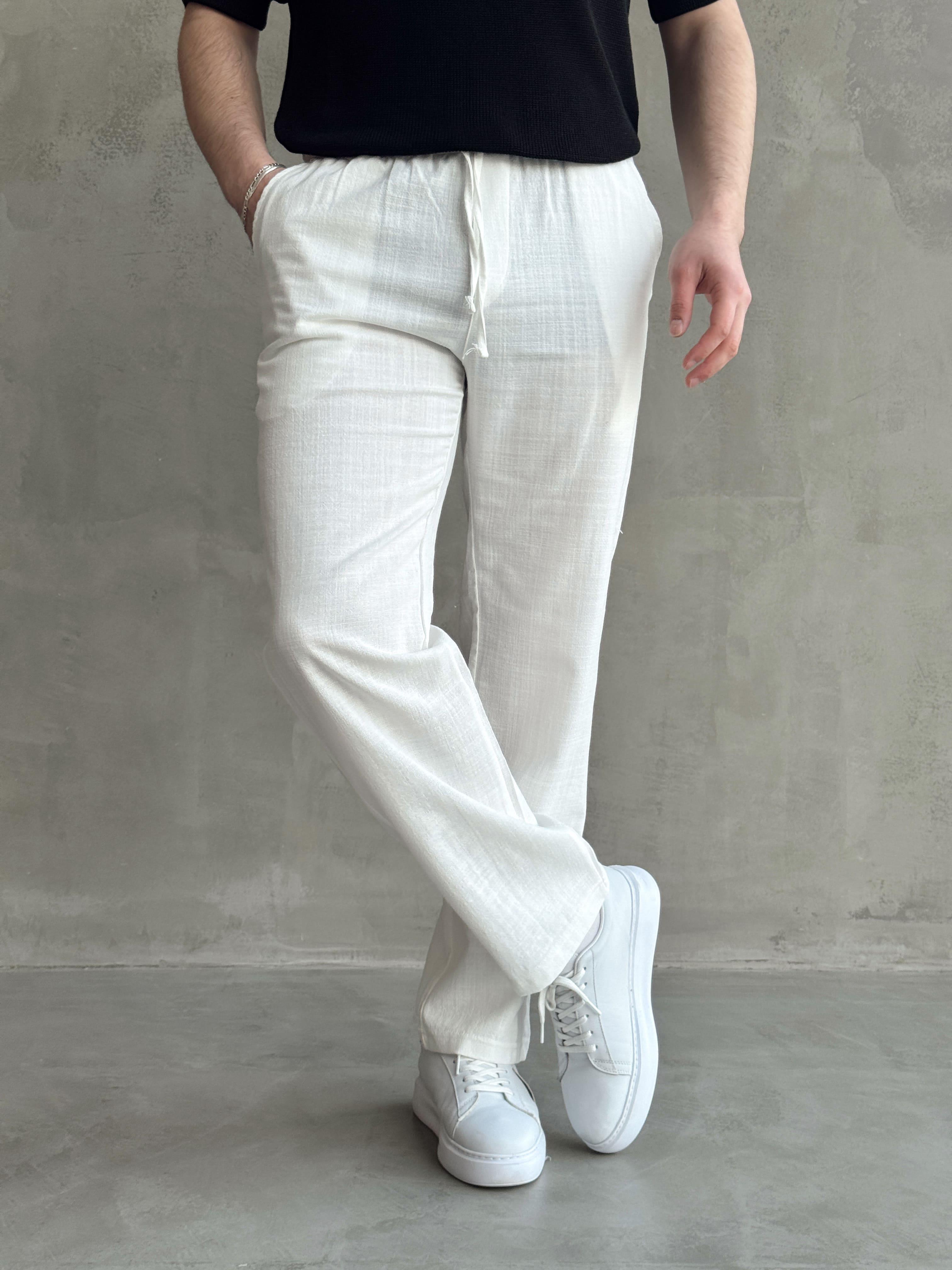 Erkek Yüksek Kalite Beli Lastikli Baggy Kalıp Flamlı Keten Pantolon-Beyaz(E1616)
