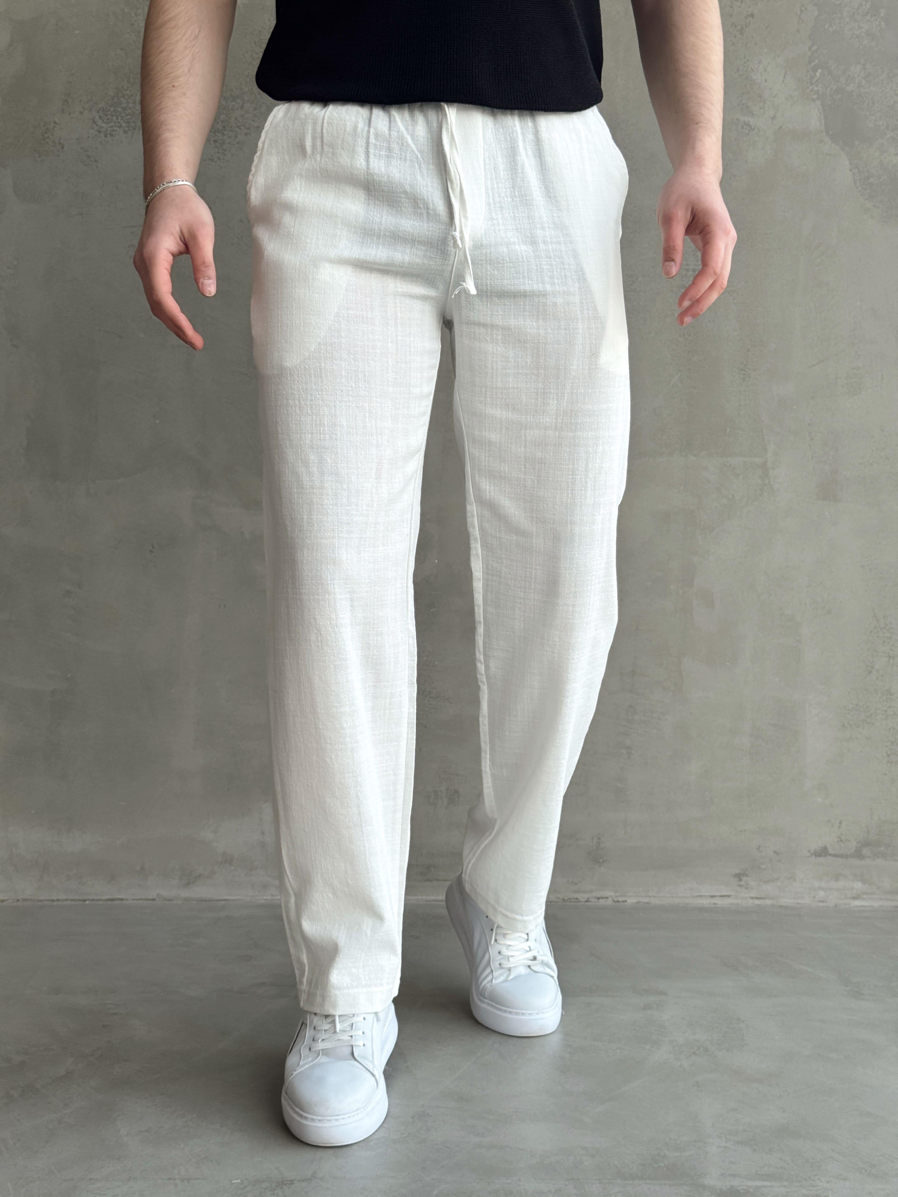 Erkek Yüksek Kalite Beli Lastikli Baggy Kalıp Flamlı Keten Pantolon-Beyaz(E1616)
