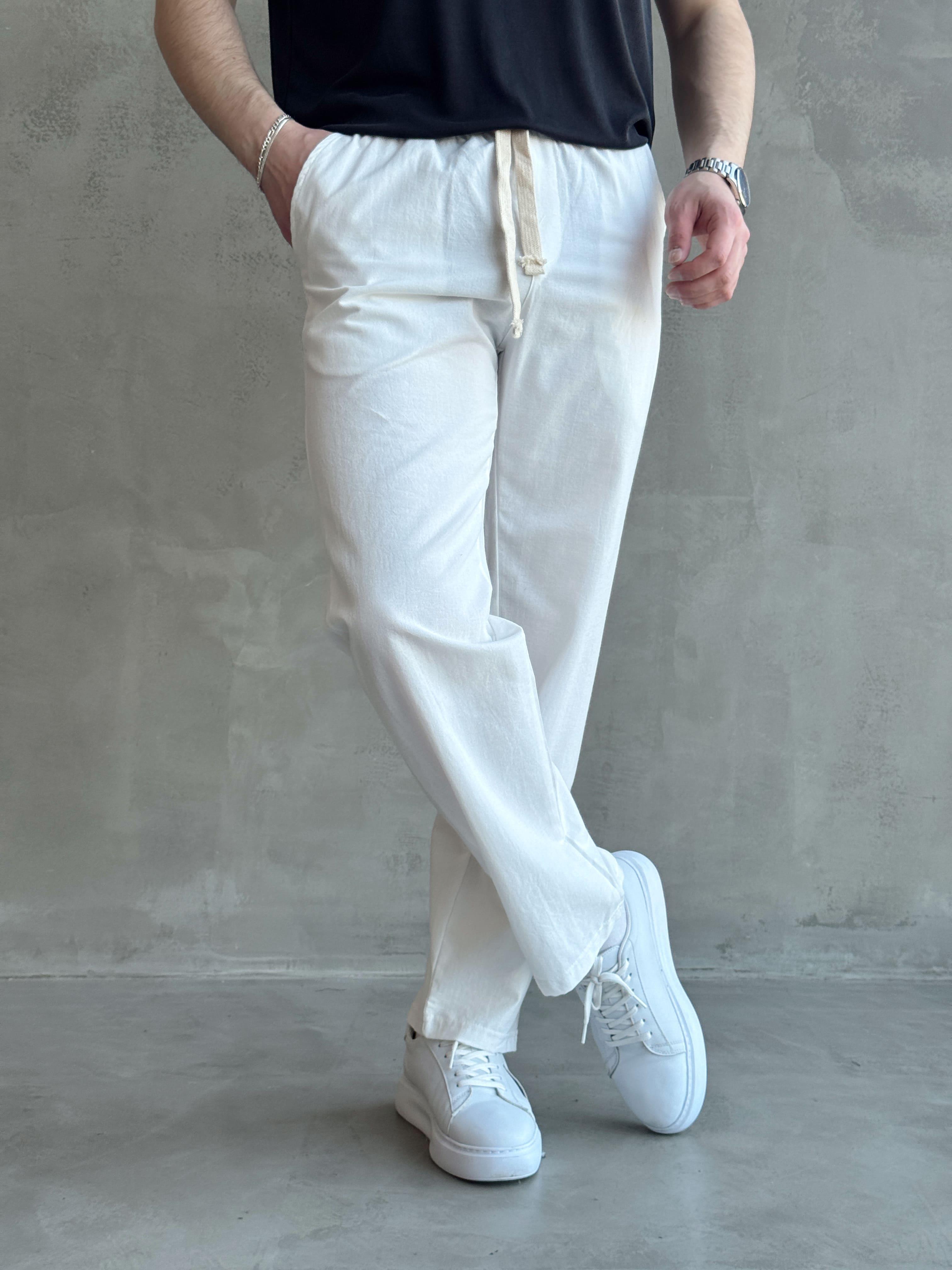 Erkek Yüksek Kalite Beli Lastikli Baggy Kalıp Keten Karışımlı Pantolon-Beyaz(E1618)