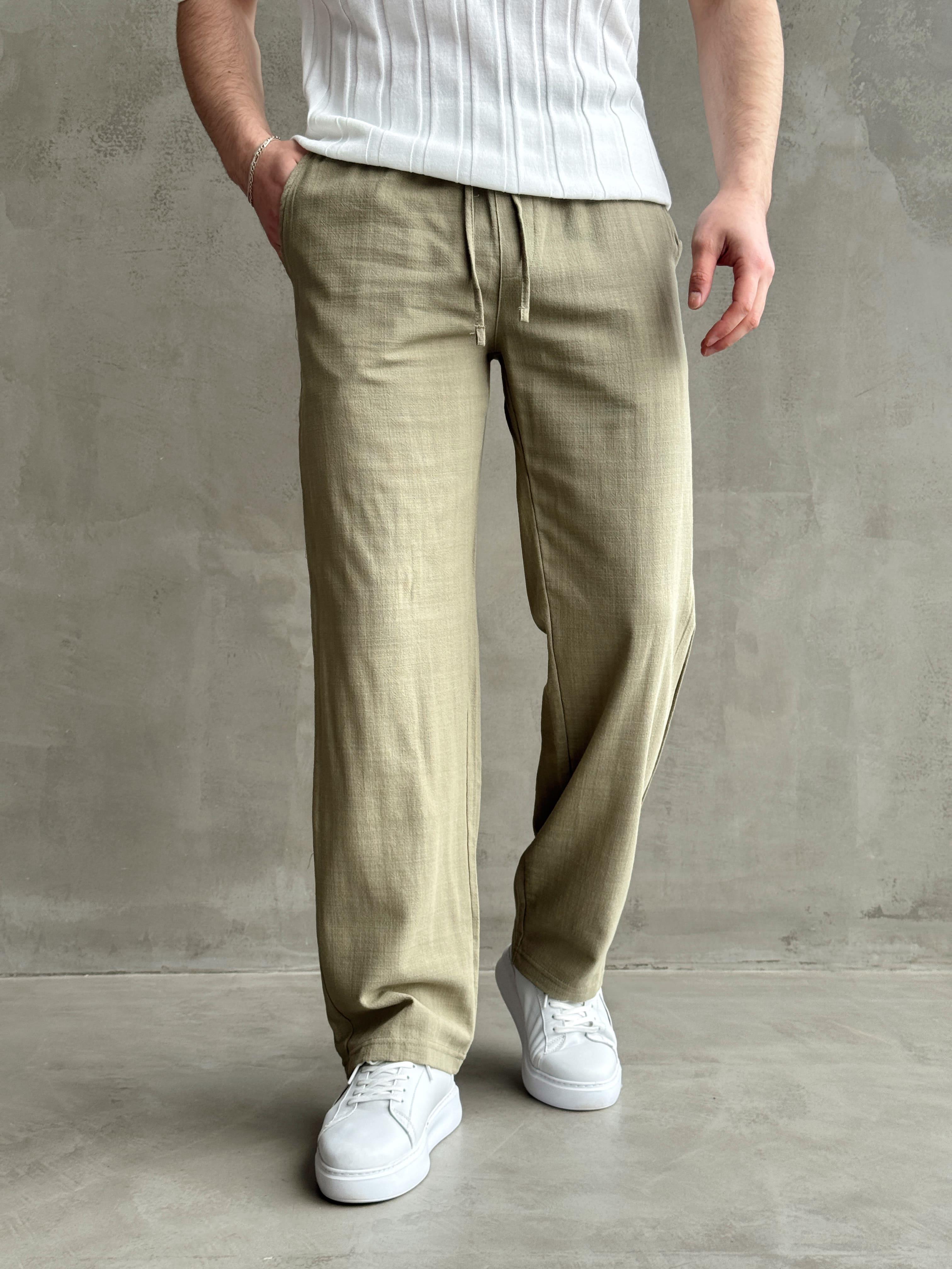 Erkek Yüksek Kalite Beli Lastikli Baggy Kalıp Flamlı Keten Pantolon-Haki(E1616)