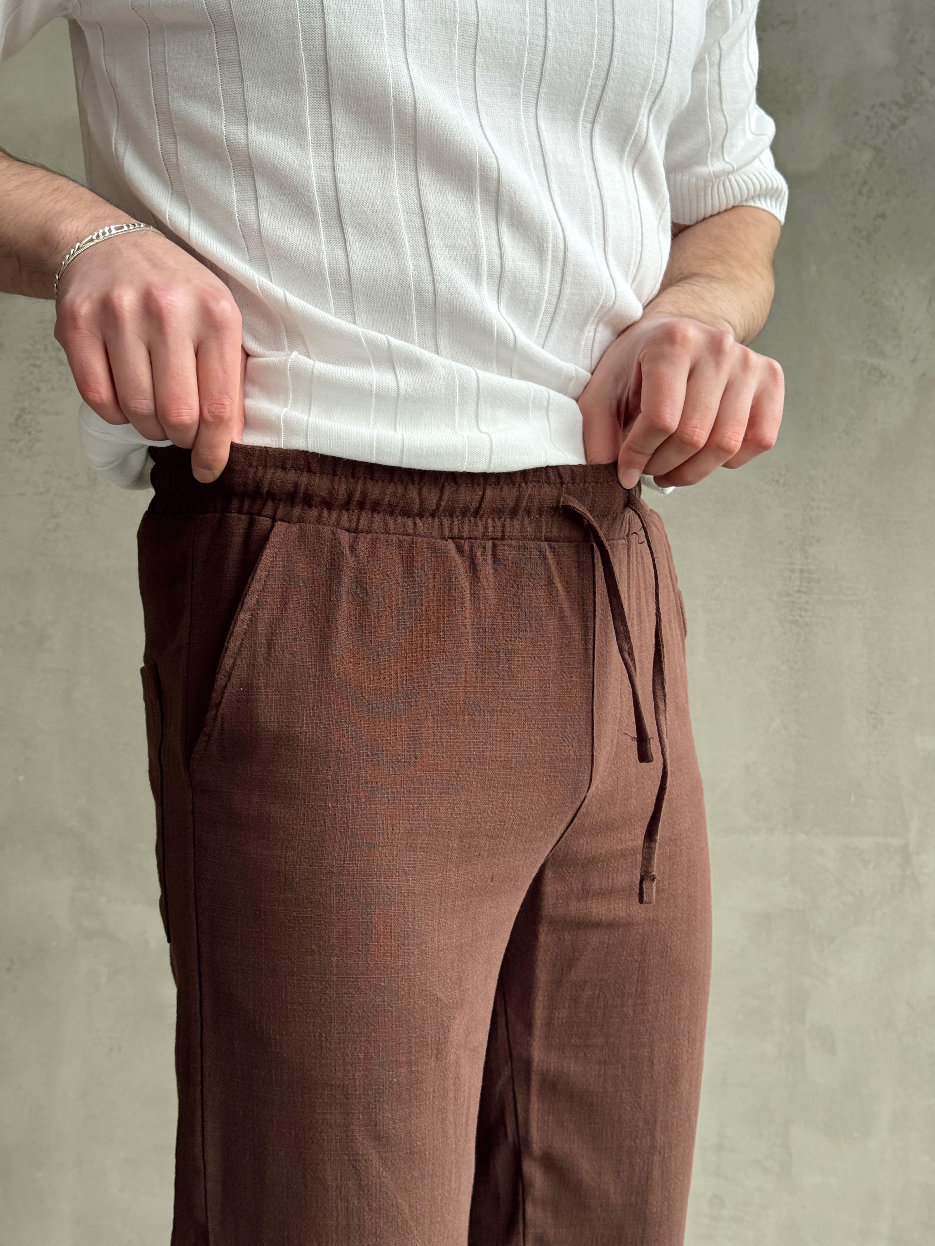 Erkek Yüksek Kalite Beli Lastikli Baggy Kalıp Flamlı Keten Pantolon-Kahverengi(E1616)