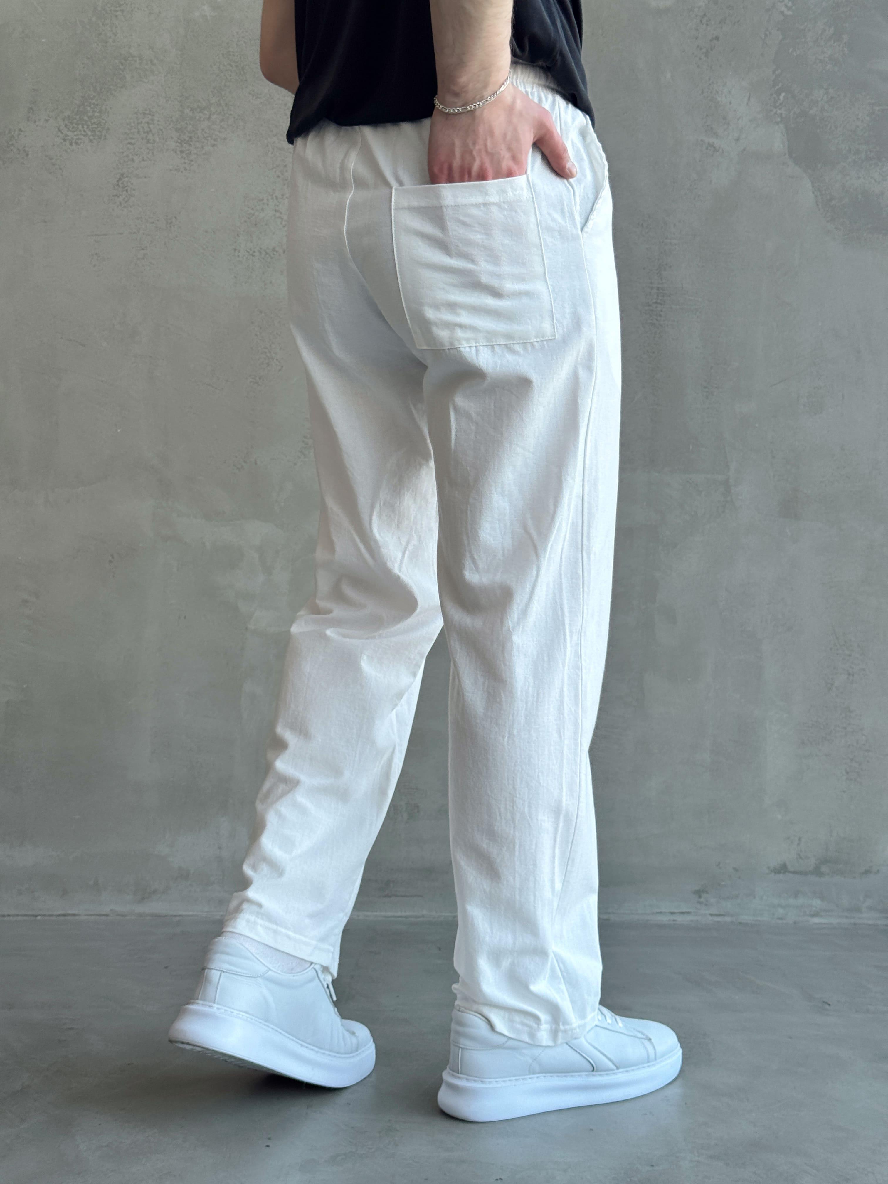 Erkek Yüksek Kalite Beli Lastikli Baggy Kalıp Keten Karışımlı Pantolon-Beyaz(E1618)