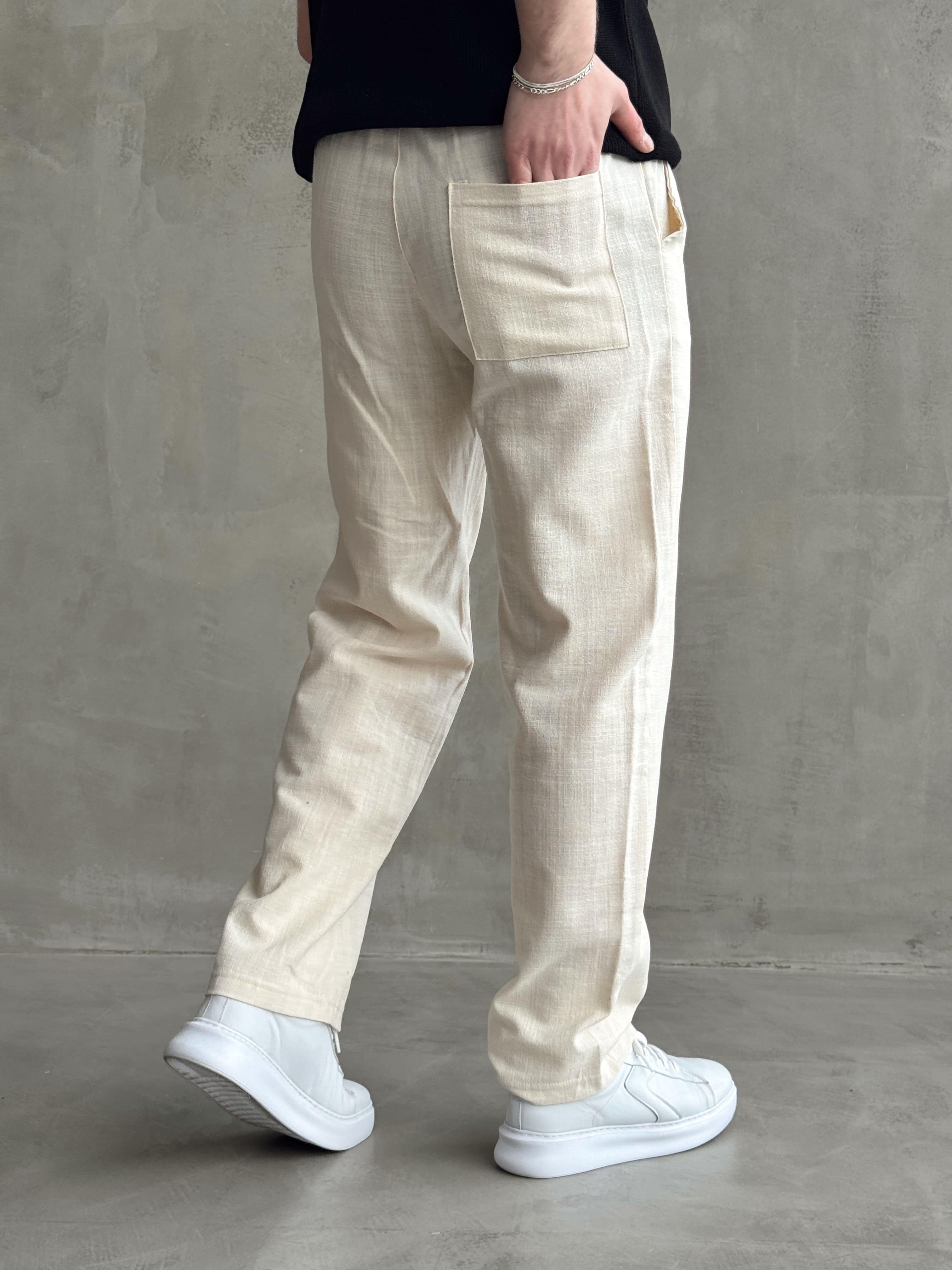 Erkek Yüksek Kalite Beli Lastikli Baggy Kalıp Flamlı Keten Pantolon-Bej(E1616)
