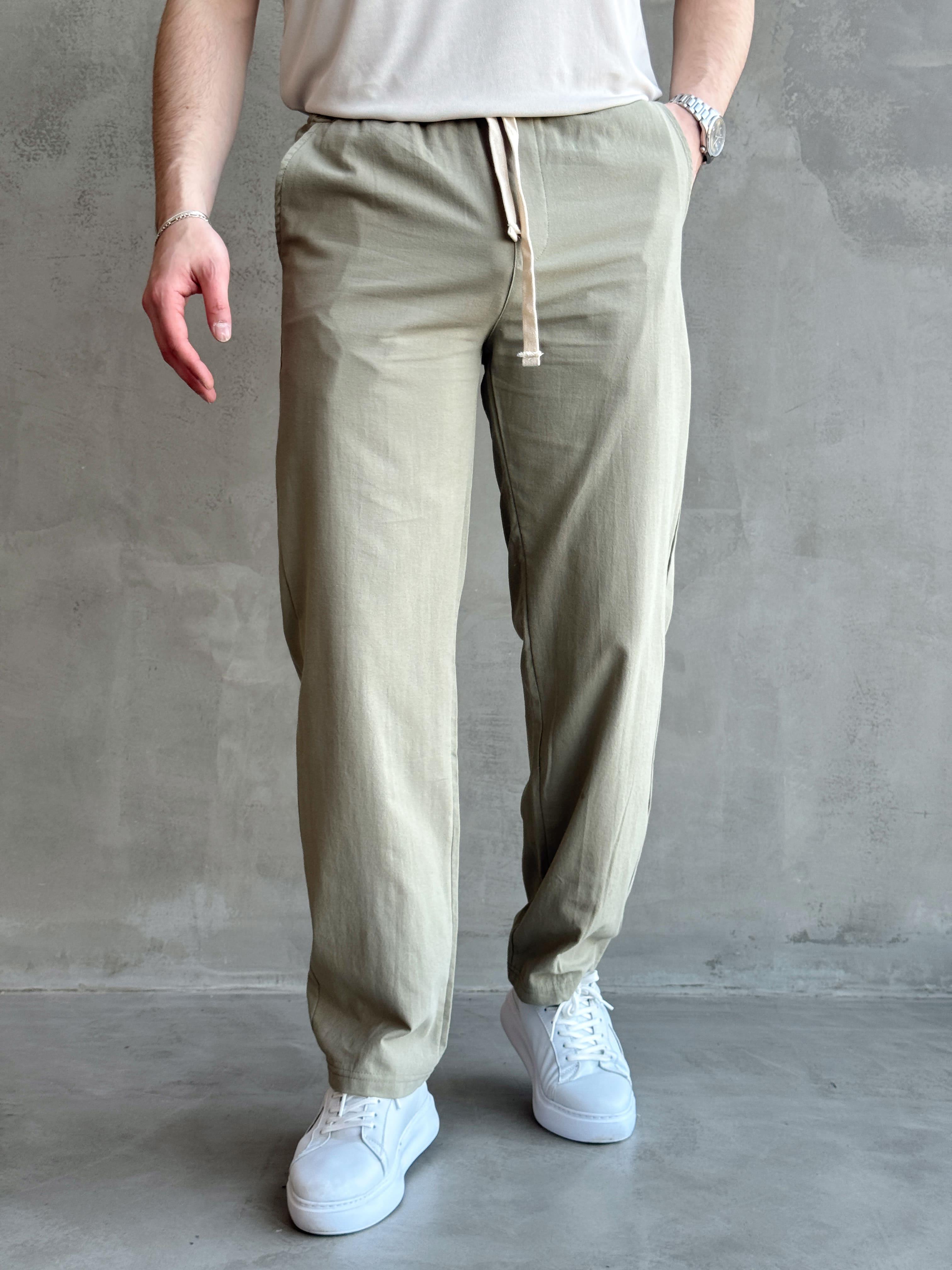 Erkek Yüksek Kalite Beli Lastikli Baggy Kalıp Keten Karışımlı Pantolon-Haki(E1618)Ketench