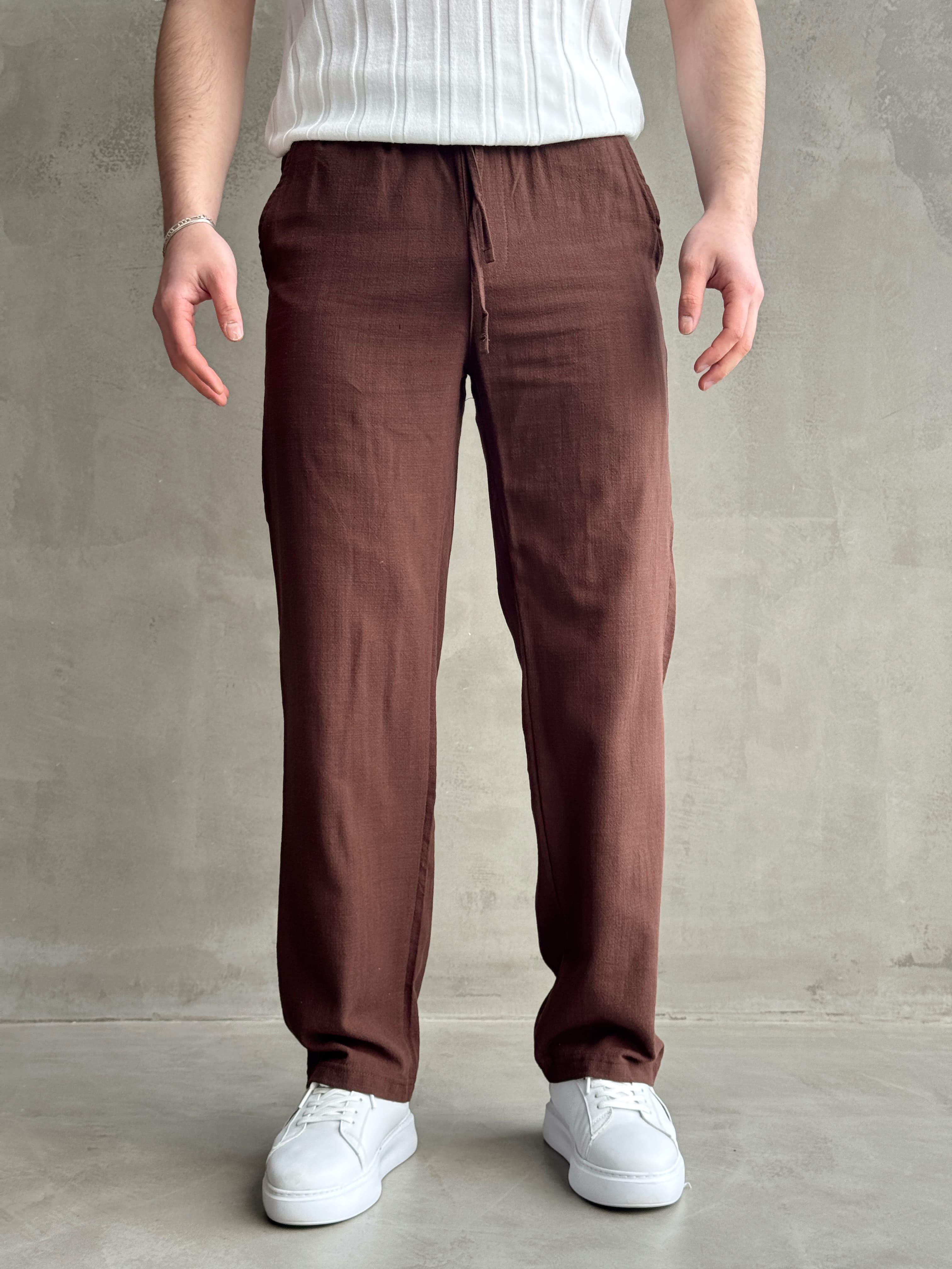 Erkek Yüksek Kalite Beli Lastikli Baggy Kalıp Flamlı Keten Pantolon-Kahverengi(E1616)