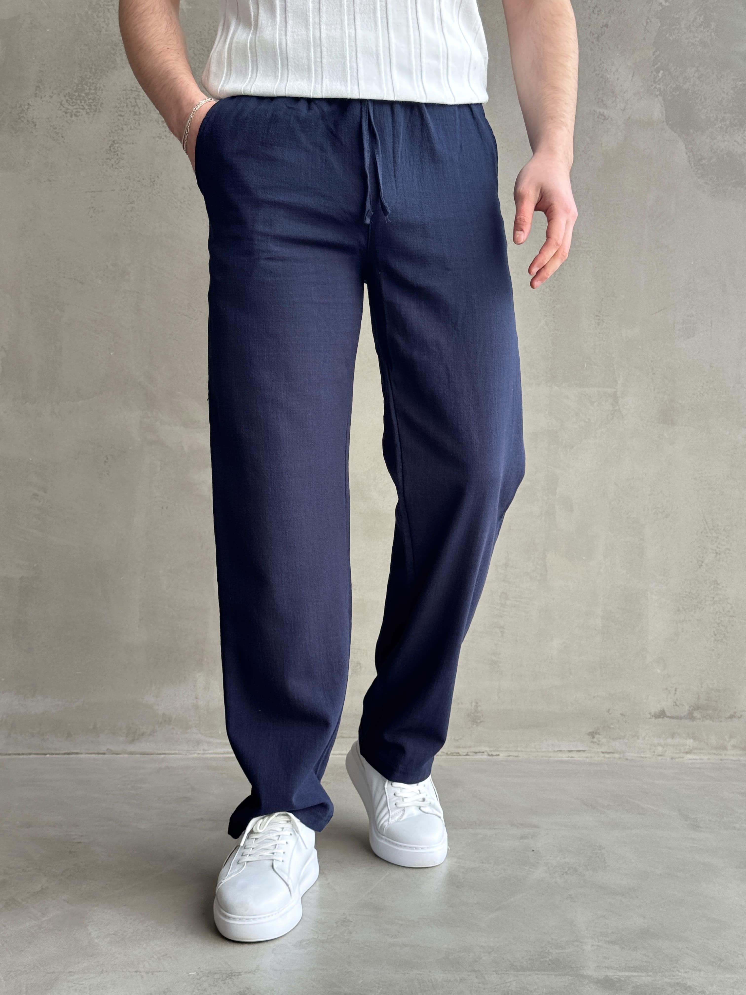Erkek Yüksek Kalite Beli Lastikli Baggy Kalıp Flamlı Keten Pantolon-Lacivert(E1616)