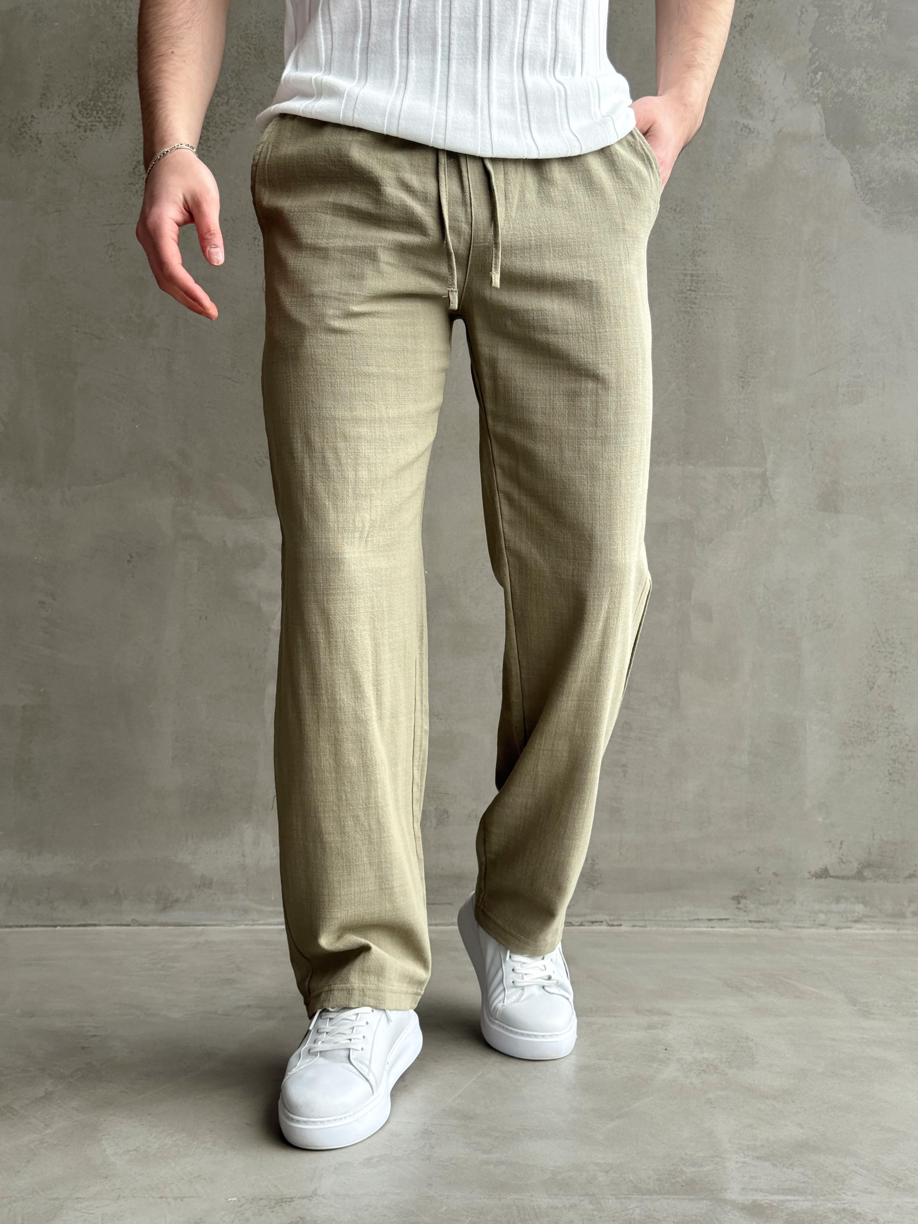 Erkek Yüksek Kalite Beli Lastikli Baggy Kalıp Flamlı Keten Pantolon-Haki(E1616)