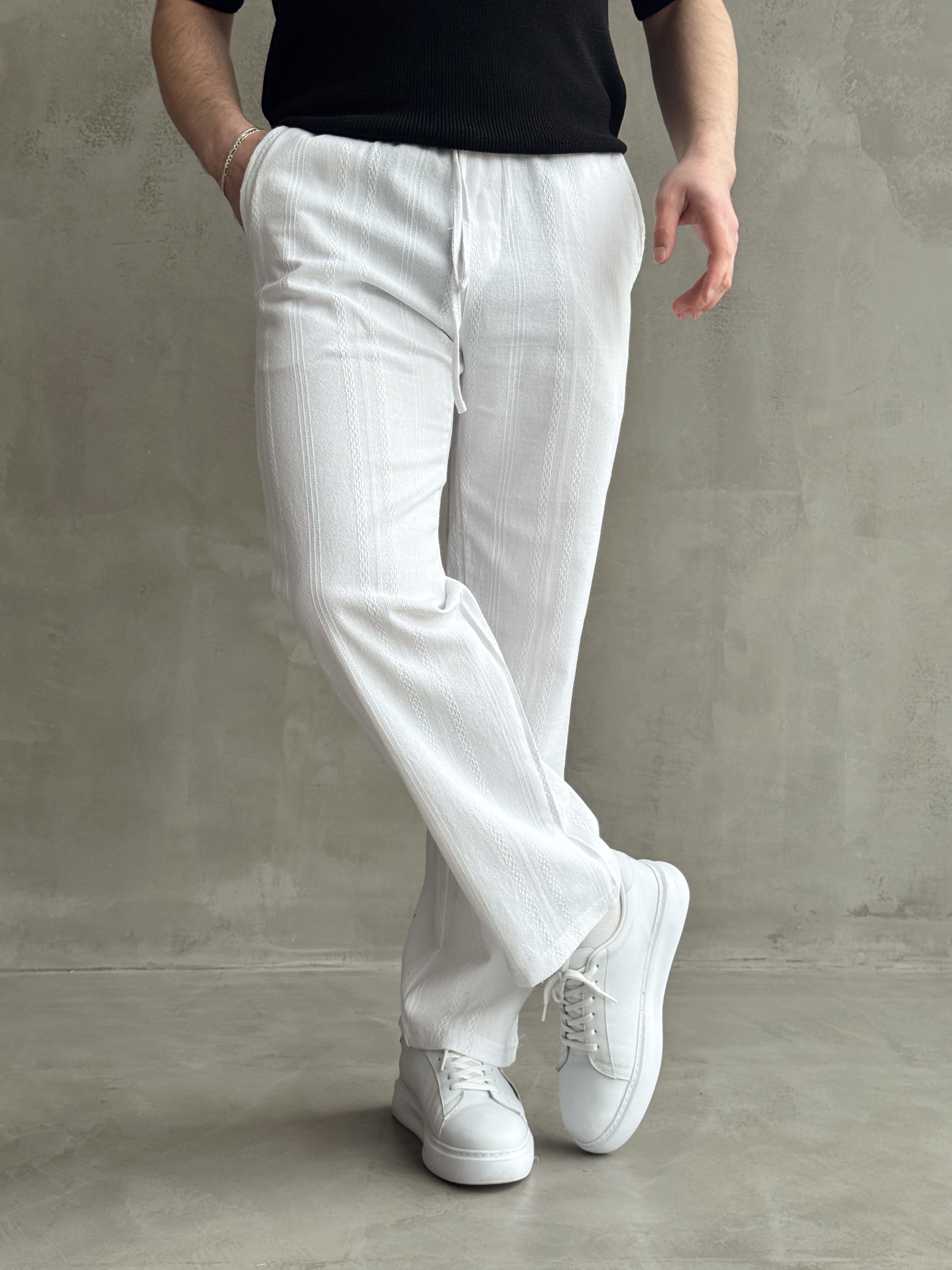 Erkek Yüksek Kalite Beli Lastikli Baggy Kalıp Halat Desenli Keten Pantolon-Beyaz(E1623)
