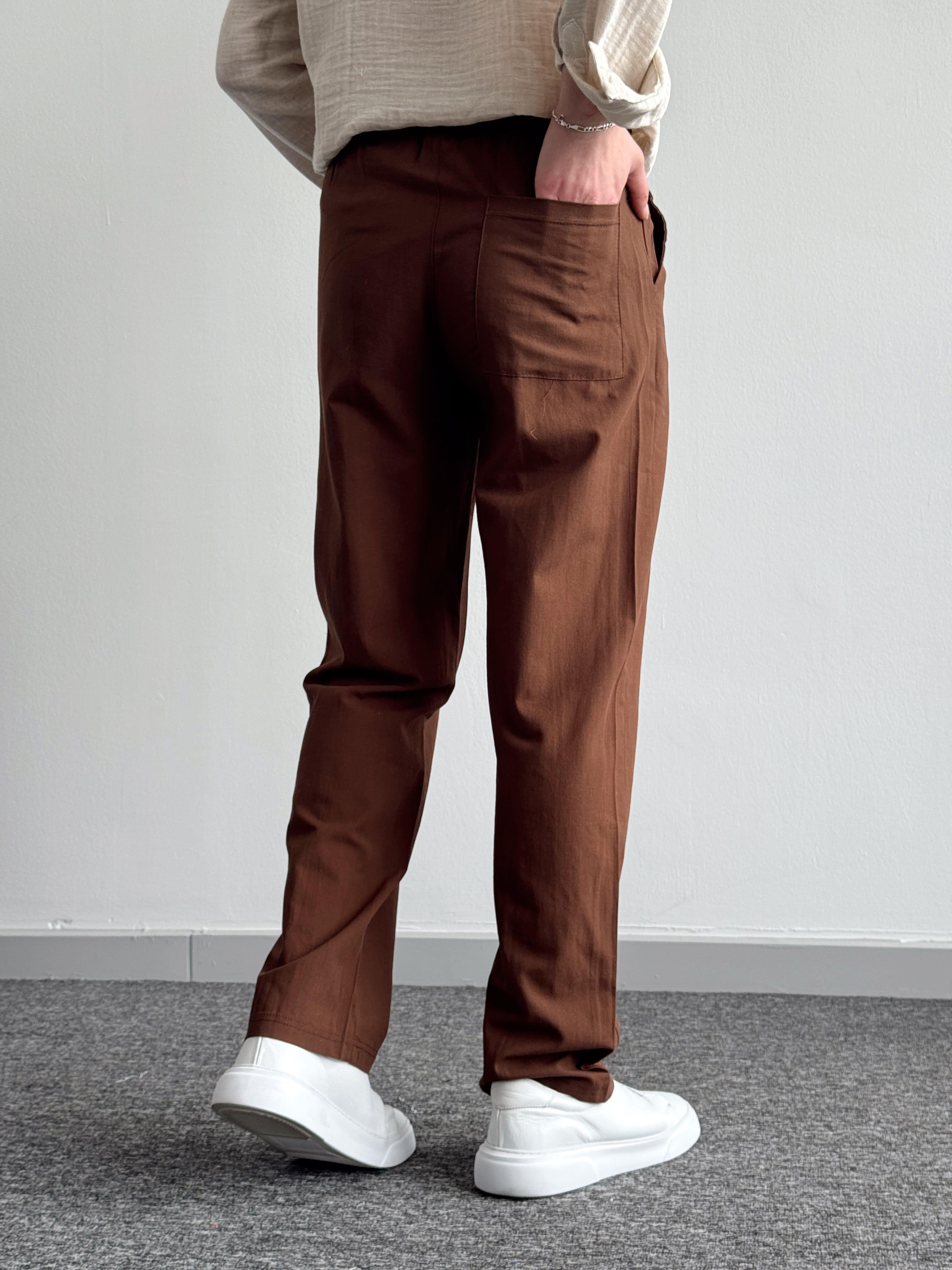 Erkek Yüksek Kalite Beli Lastikli Çimalı Baggy Kalıp Keten Pantolon-Kahverengi(E1350)