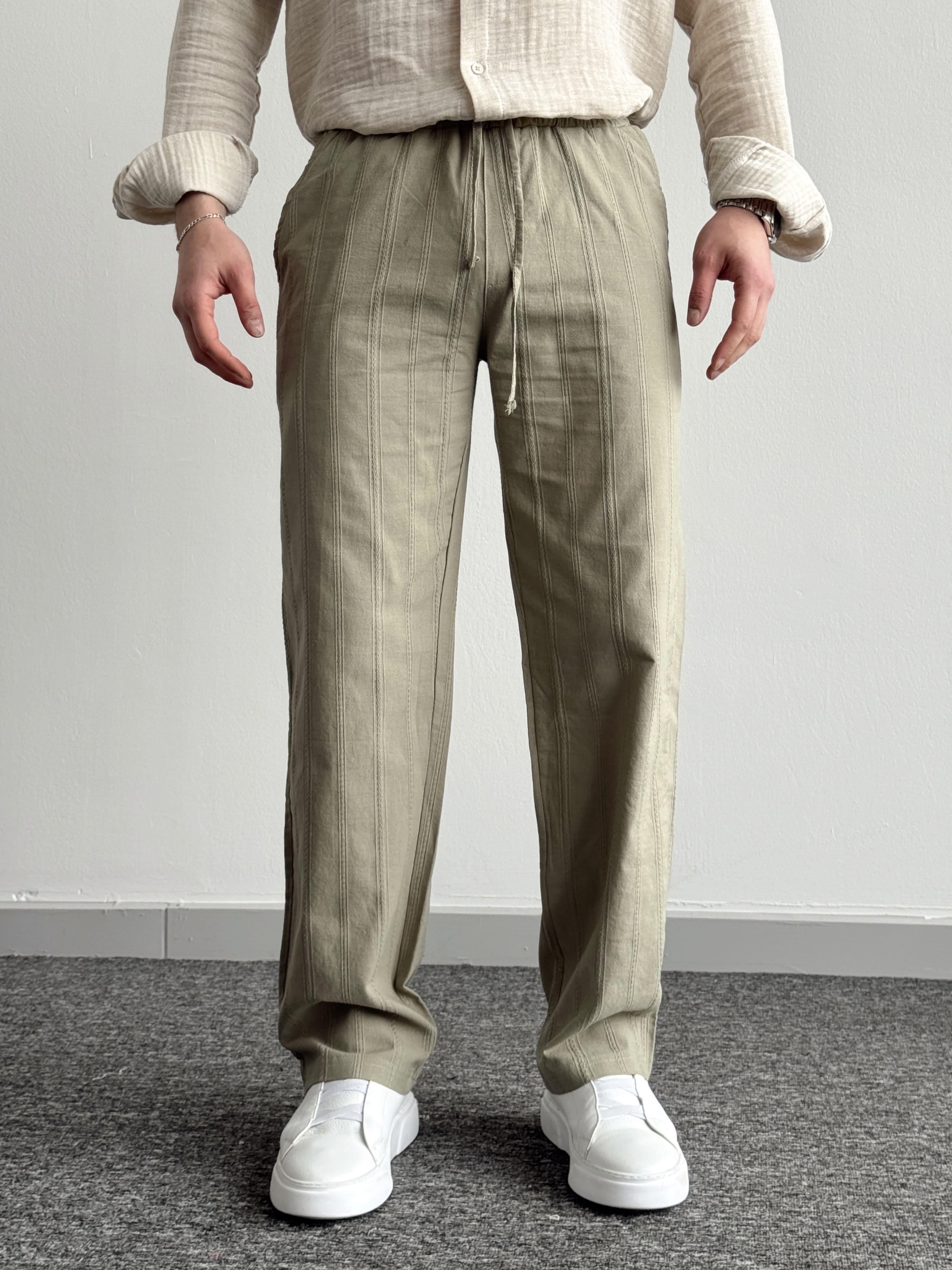 Erkek Yüksek Kalite Beli Lastikli Halat Densenli Baggy Keten Pantolon-Haki(E1348)Ketench