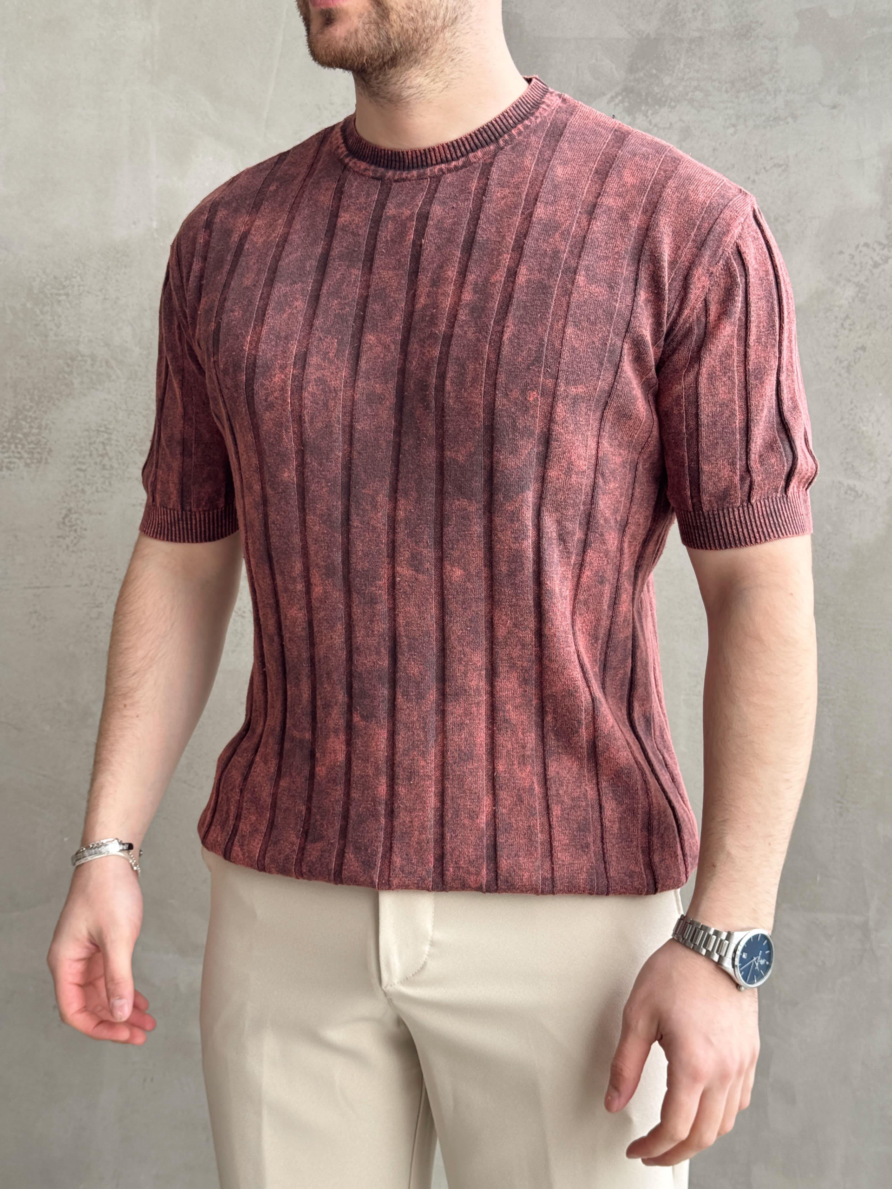 Erkek Yüksek Kalite Bisiklet Yaka Çizgi Detaylı Triko T-Shirt-Bordo(E1611)
