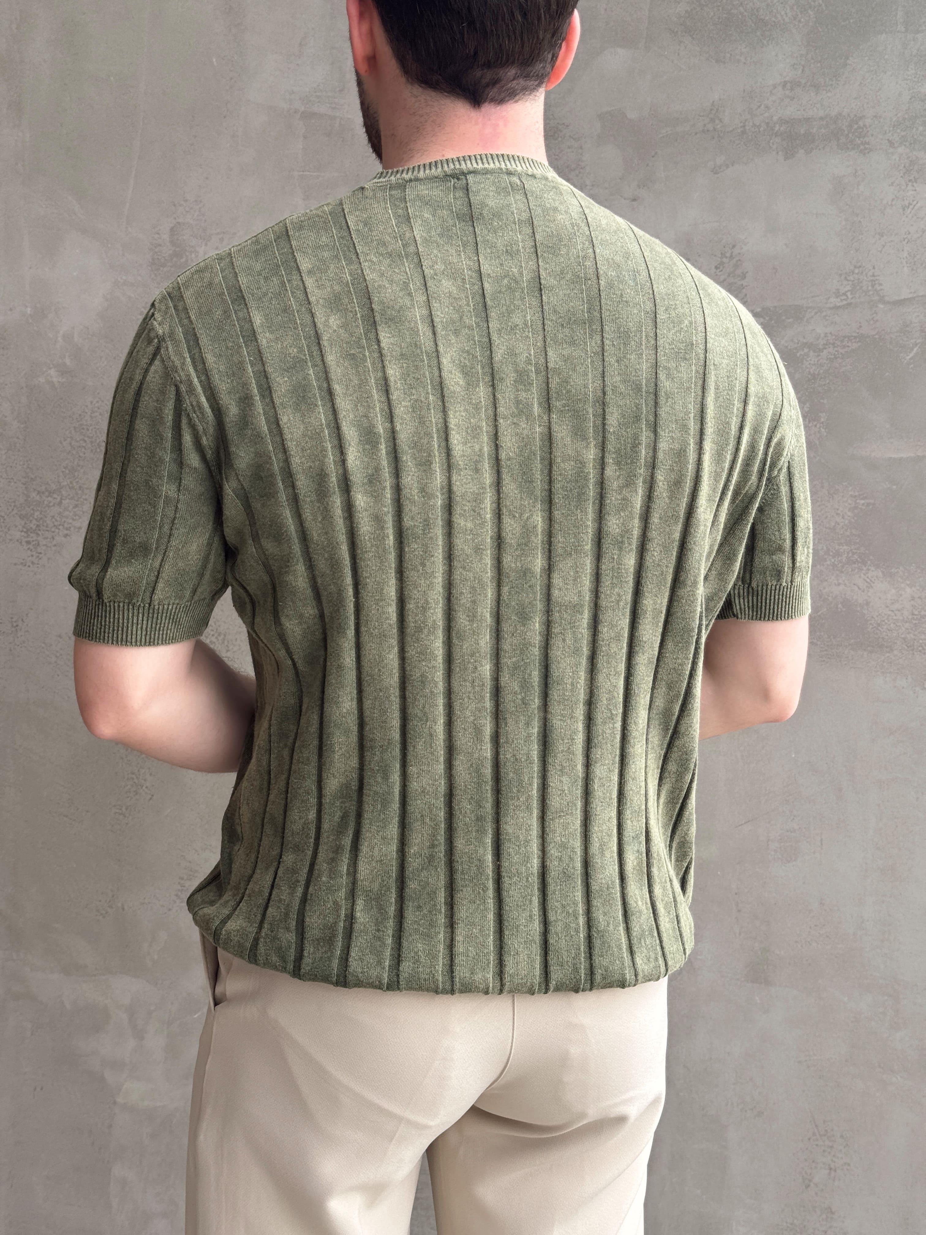 Erkek Yüksek Kalite Bisiklet Yaka Çizgi Detaylı Triko T-Shirt-Haki(E1611)
