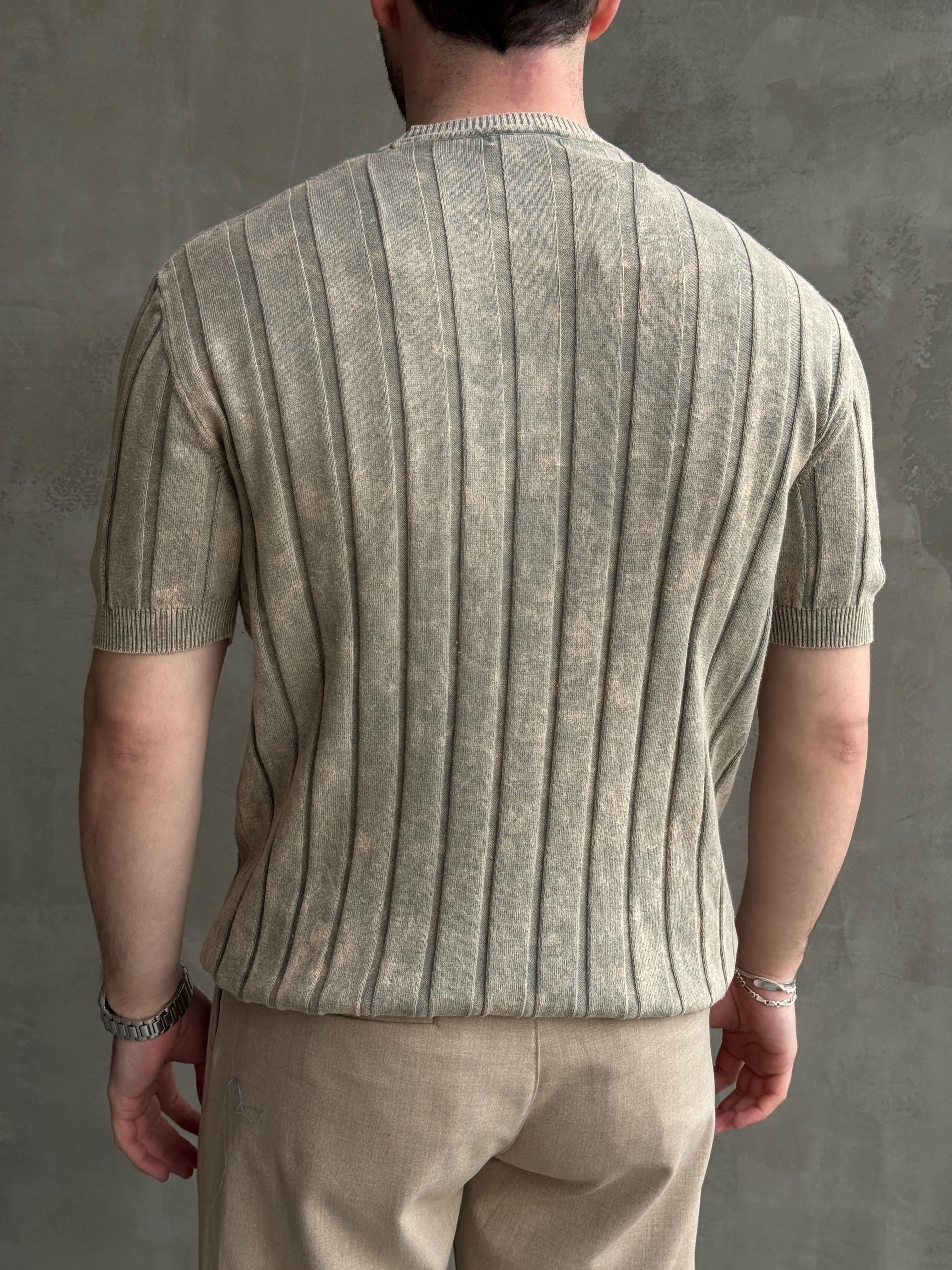 Erkek Yüksek Kalite Bisiklet Yaka Çizgi Detaylı Triko T-Shirt-Bej(E1611)