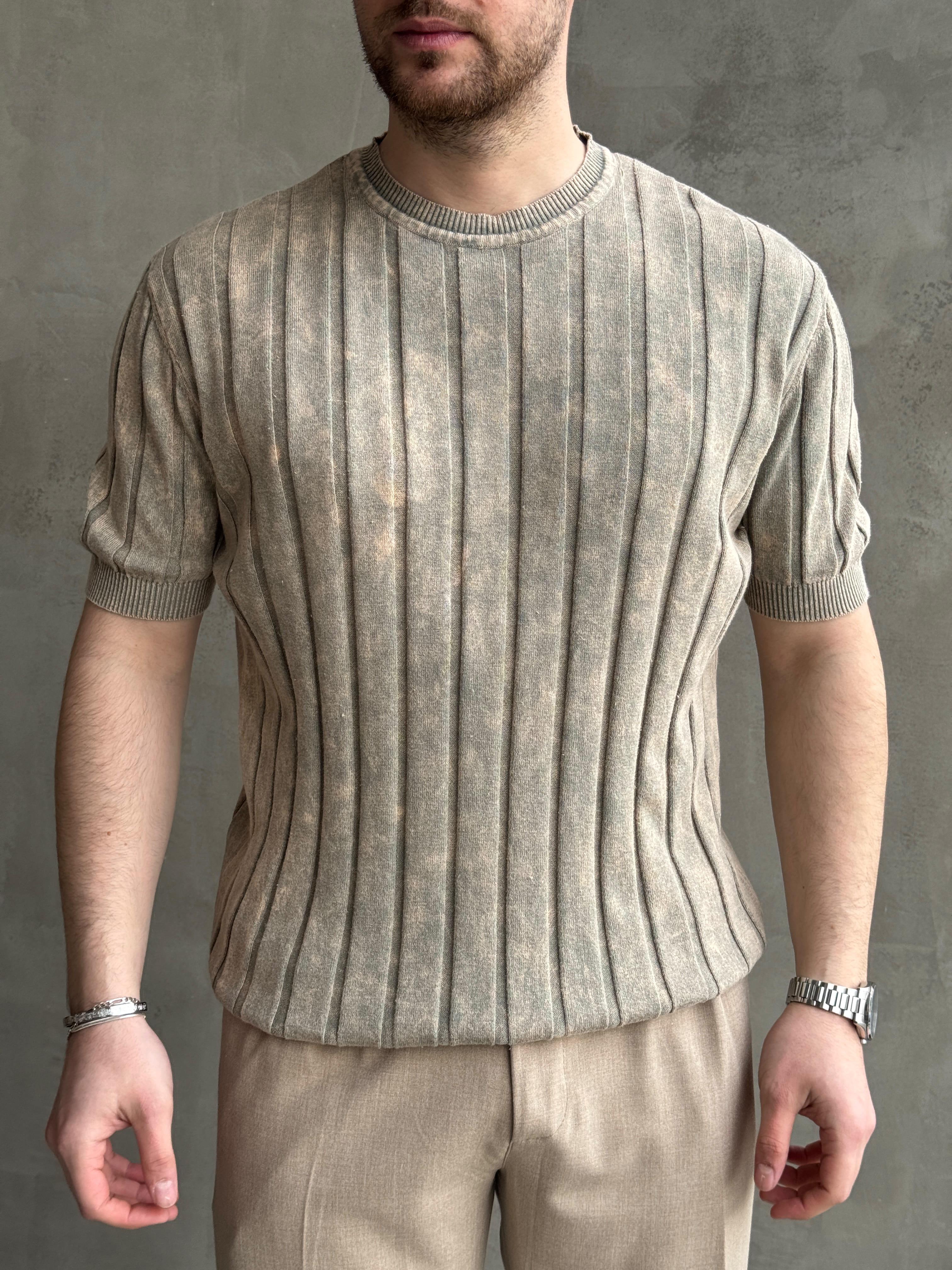 Erkek Yüksek Kalite Bisiklet Yaka Çizgi Detaylı Triko T-Shirt-Bej(E1611)