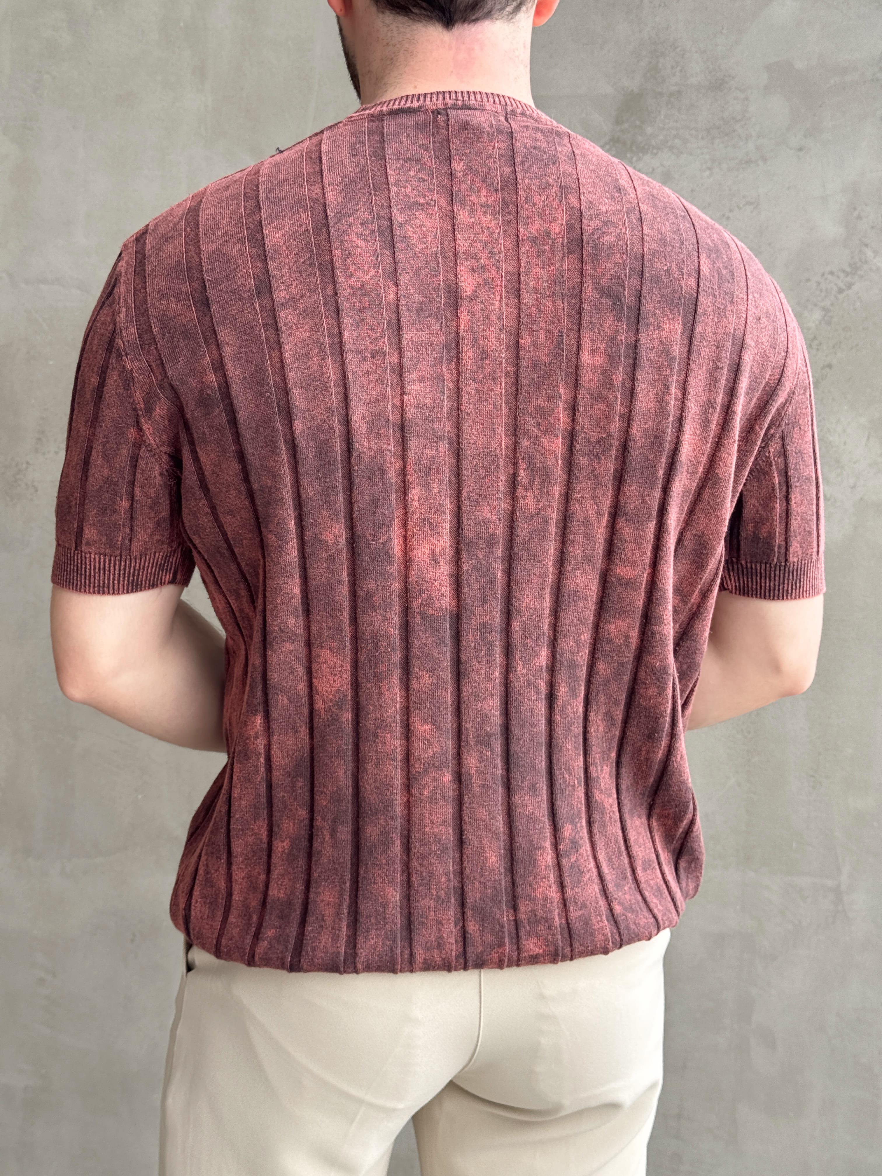 Erkek Yüksek Kalite Bisiklet Yaka Çizgi Detaylı Triko T-Shirt-Bordo(E1611)
