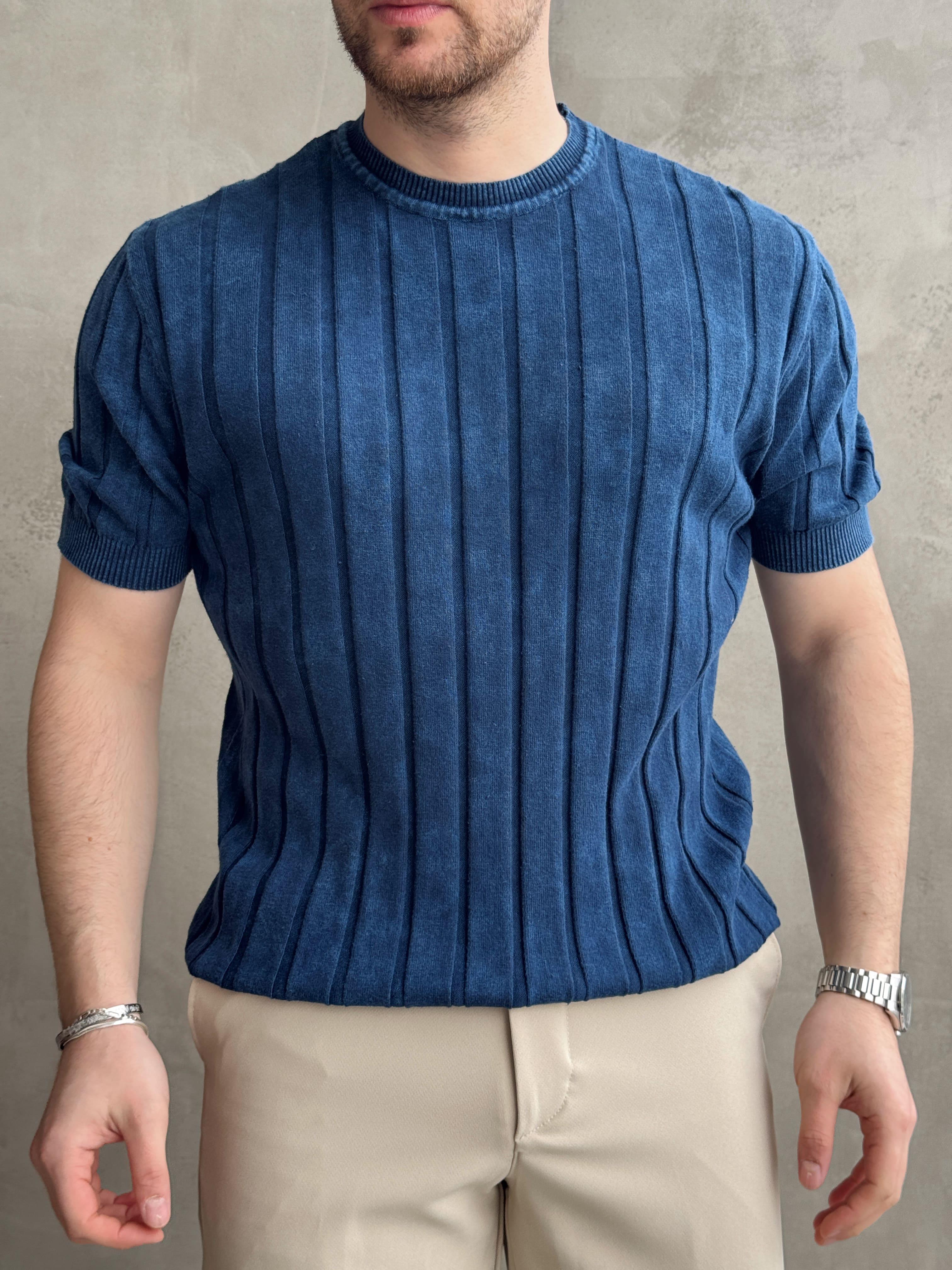 Erkek Yüksek Kalite Bisiklet Yaka Çizgi Detaylı Triko T-Shirt-Lacivert(E1611)