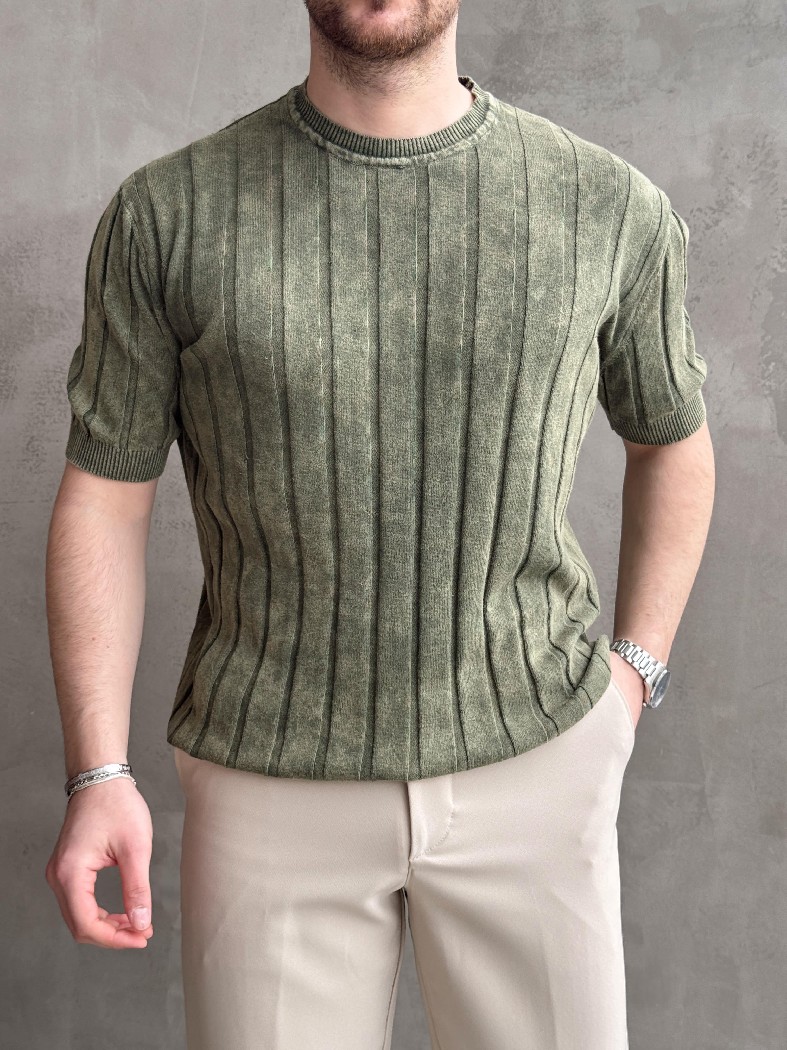 Erkek Yüksek Kalite Bisiklet Yaka Çizgi Detaylı Triko T-Shirt-Haki(E1611)