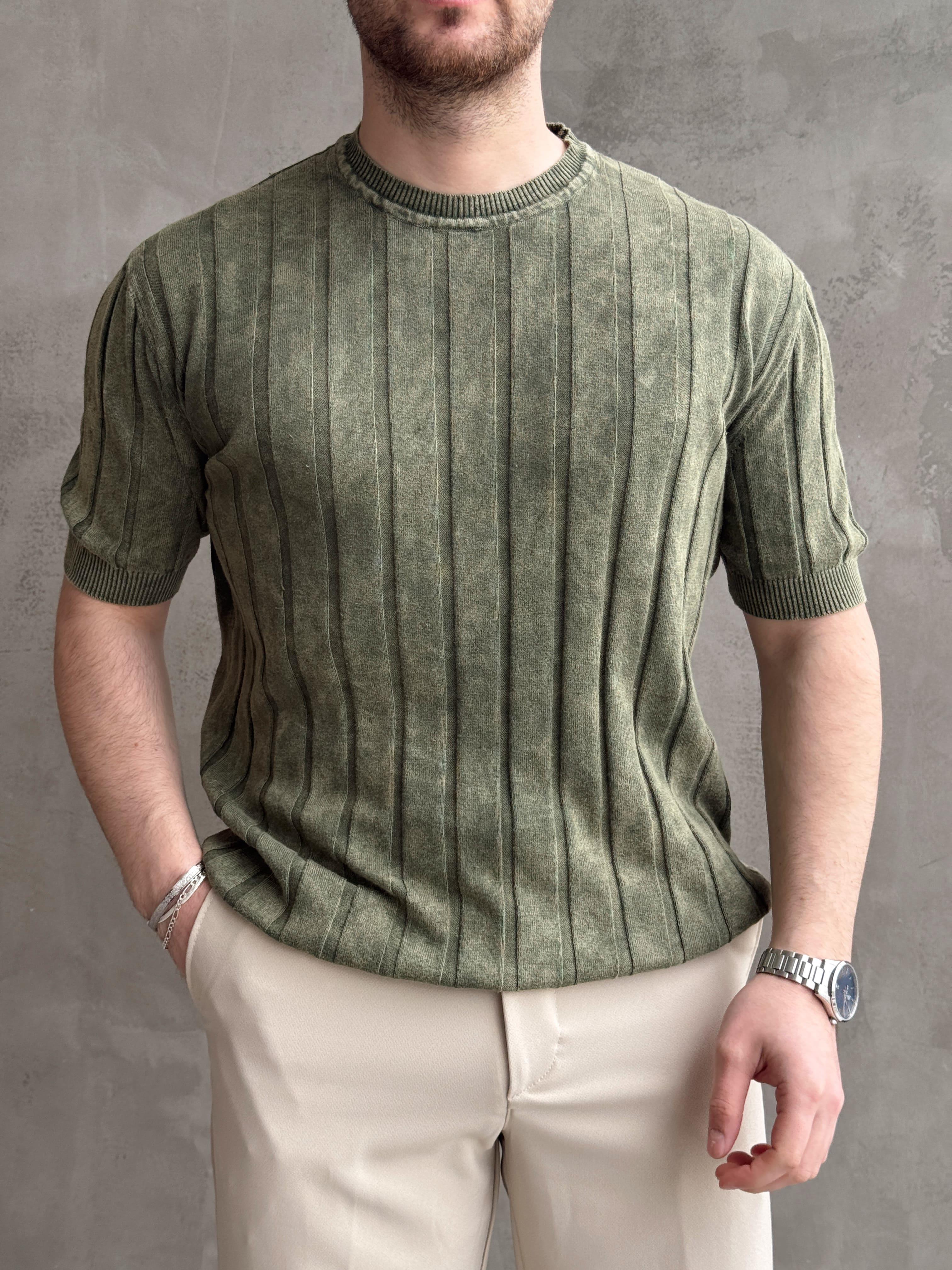 Erkek Yüksek Kalite Bisiklet Yaka Çizgi Detaylı Triko T-Shirt-Haki(E1611)Ketench
