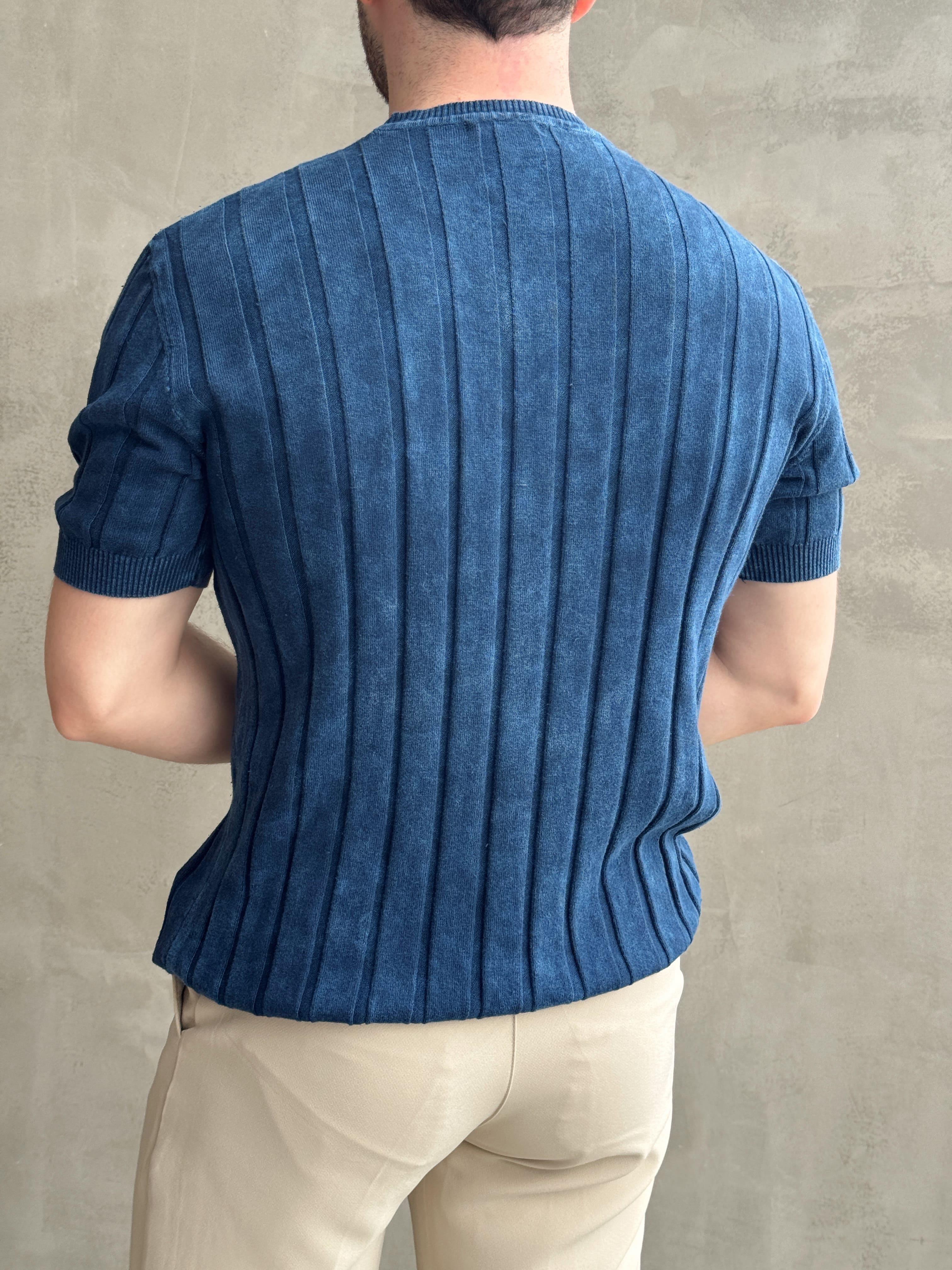 Erkek Yüksek Kalite Bisiklet Yaka Çizgi Detaylı Triko T-Shirt-Lacivert(E1611)