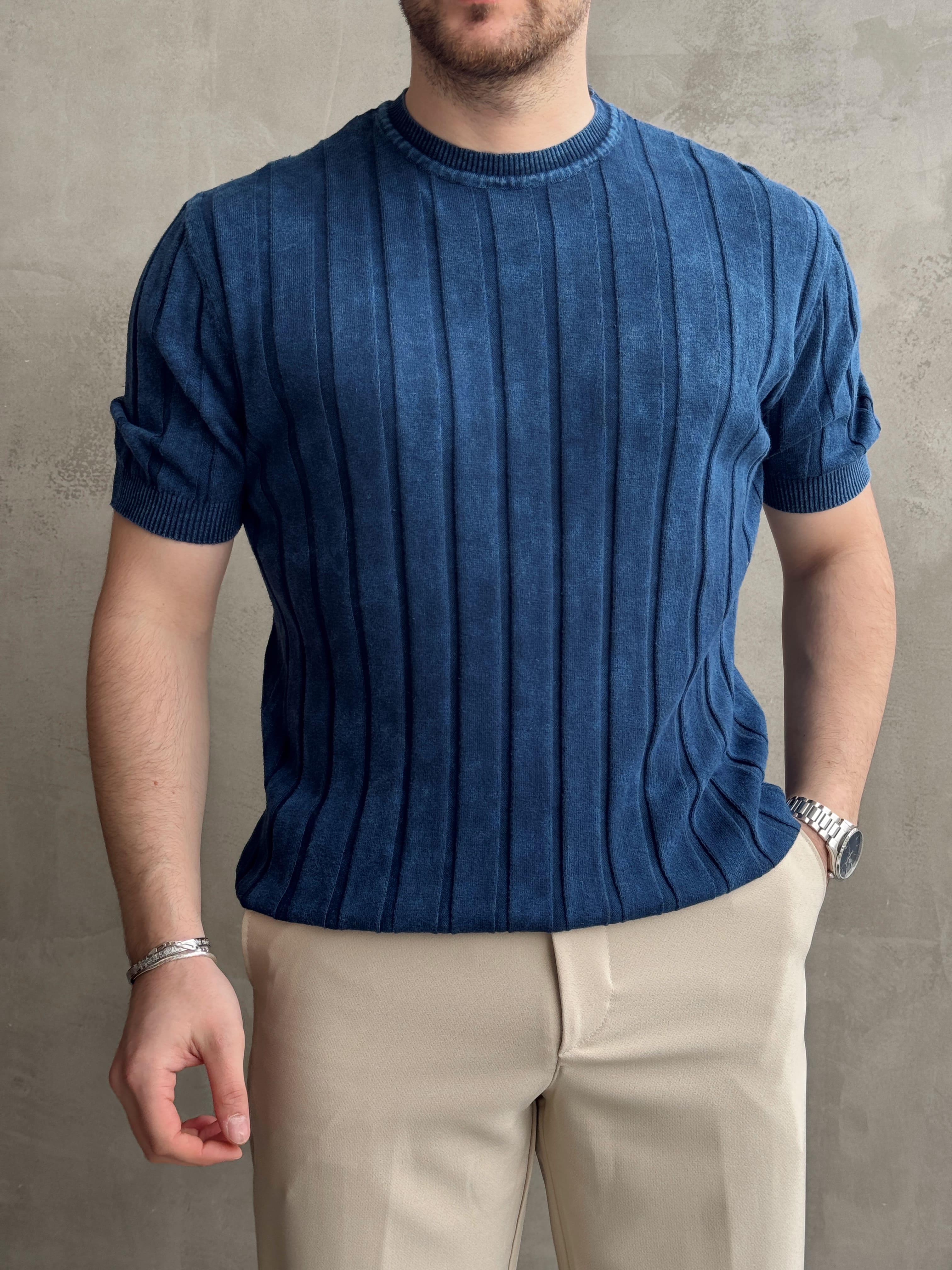 Erkek Yüksek Kalite Bisiklet Yaka Çizgi Detaylı Triko T-Shirt-Lacivert(E1611)