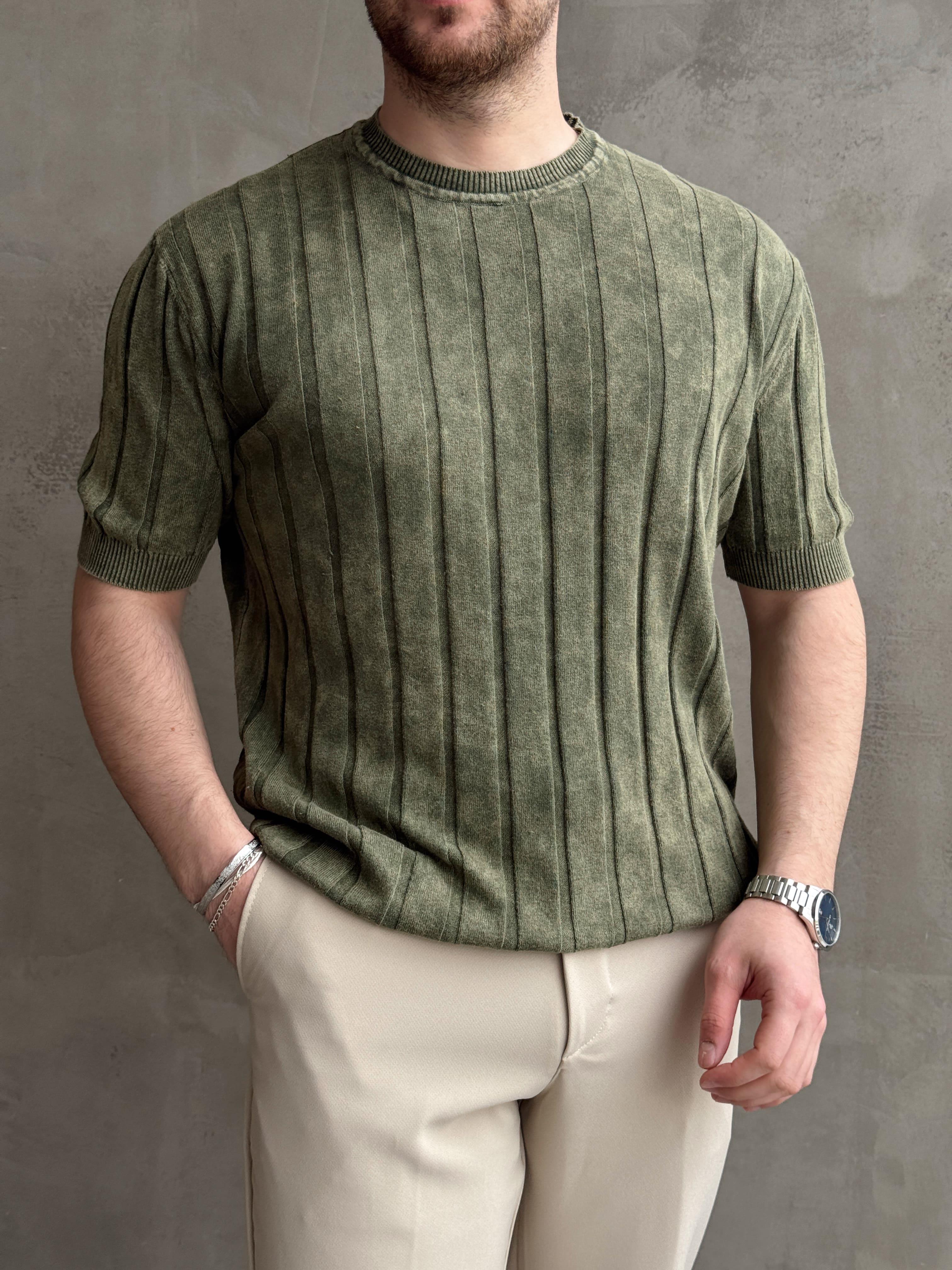 Erkek Yüksek Kalite Bisiklet Yaka Çizgi Detaylı Triko T-Shirt-Haki(E1611)