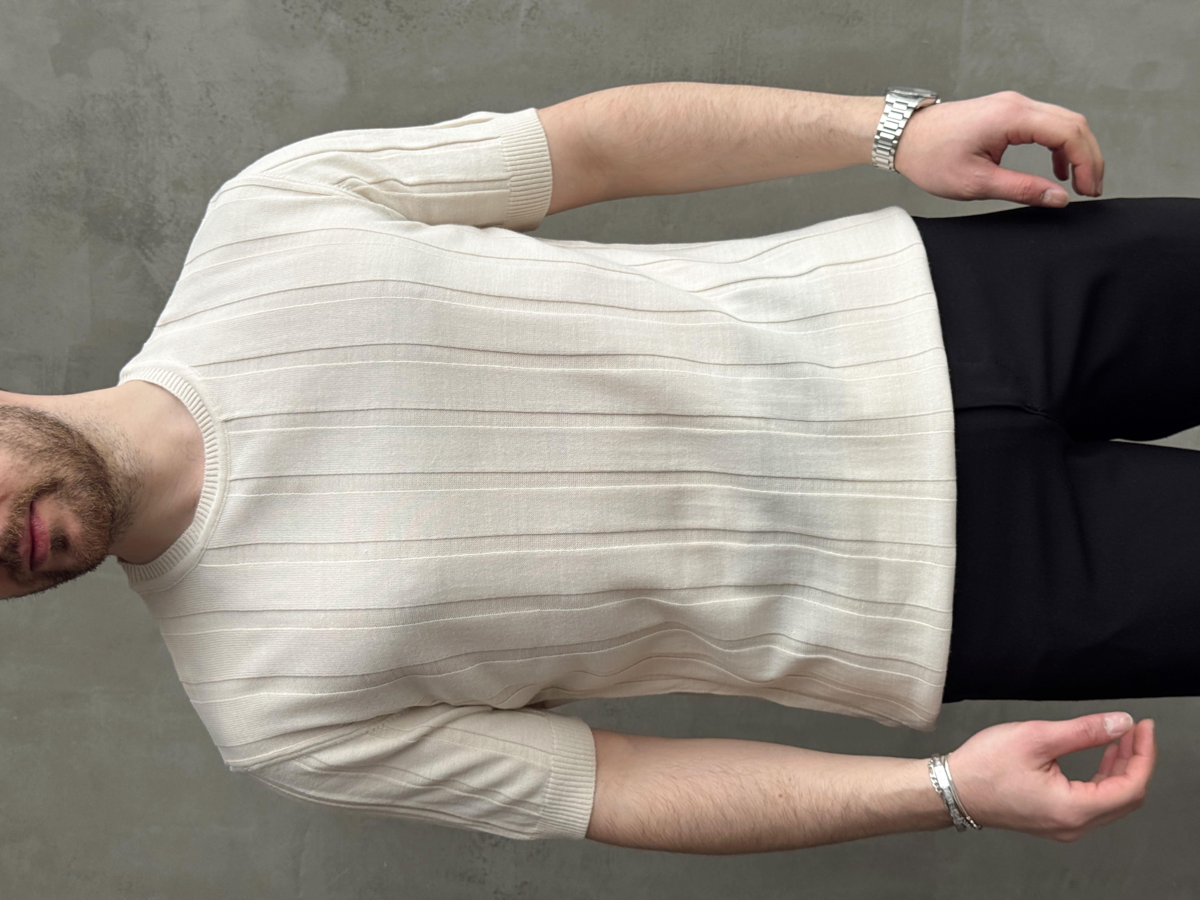 Erkek Yüksek Kalite Bisiklet Yaka Şerit Detaylı Oversize Kalıp Triko T-Shirt-Bej(E1613)