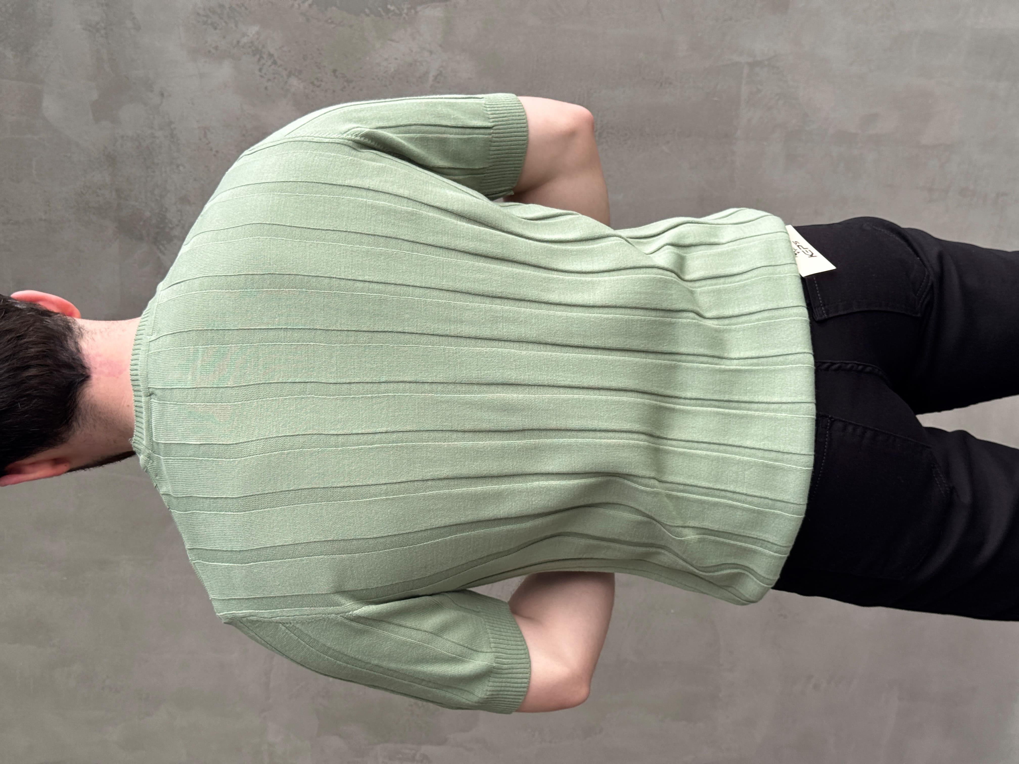 Erkek Yüksek Kalite Bisiklet Yaka Şerit Detaylı Oversize Kalıp Triko T-Shirt-Mint(E1613)